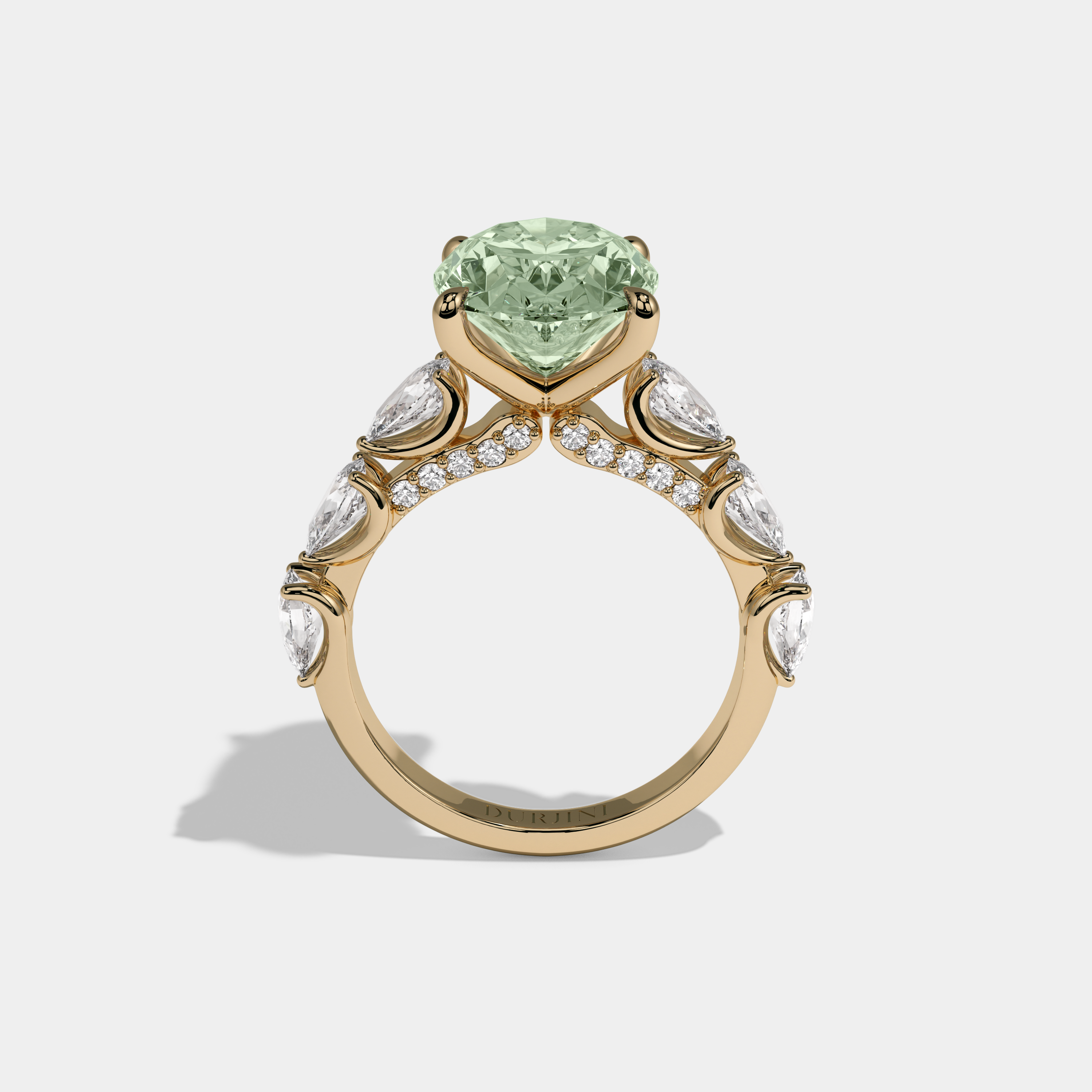 Adelaide Fancy Light Green Oval Cut Diamond Band With Pear Cuts Engagement Ring 6ct 18K Yellow Gold