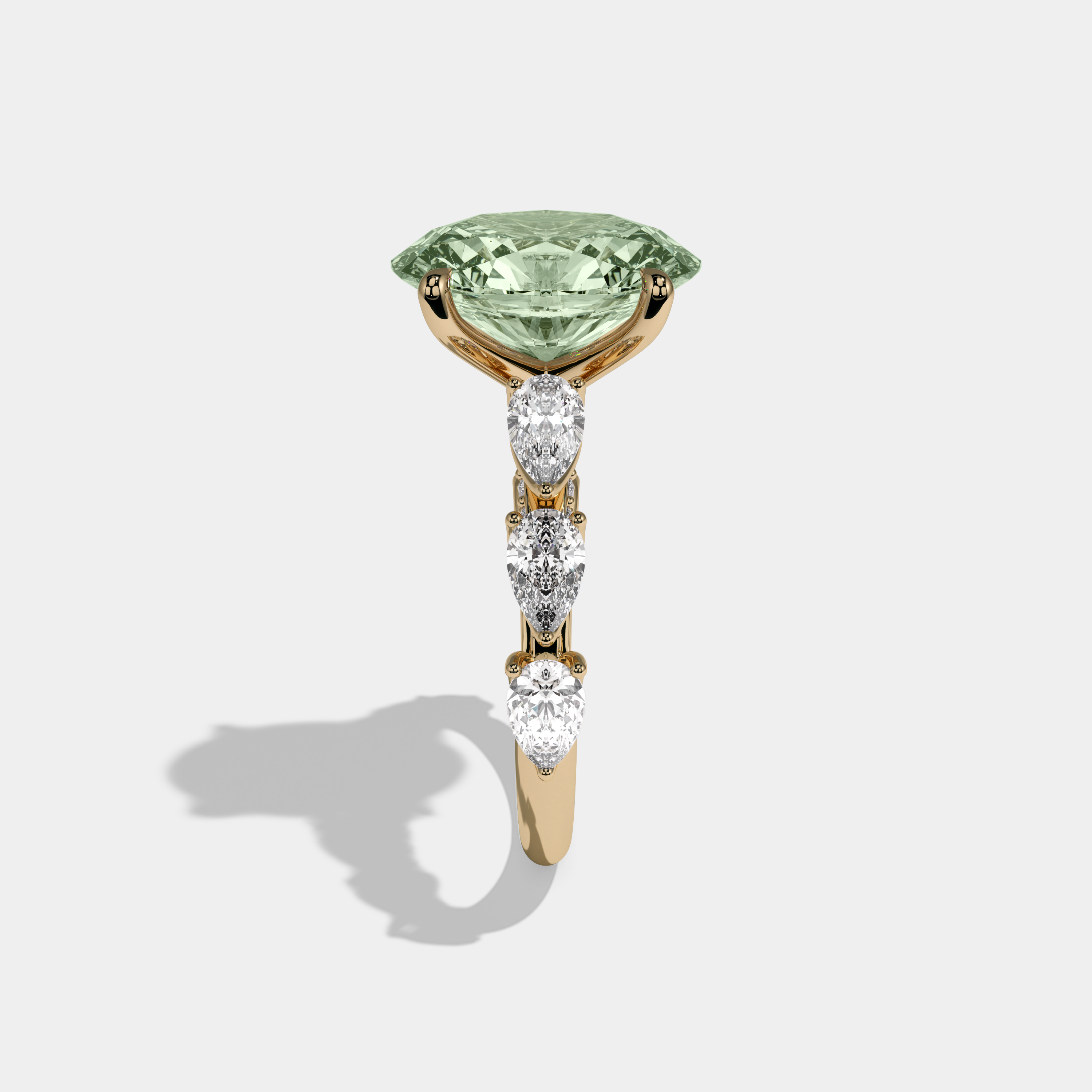 Adelaide Fancy Light Green Oval Cut Diamond Band With Pear Cuts Engagement Ring 6ct 18K Yellow Gold