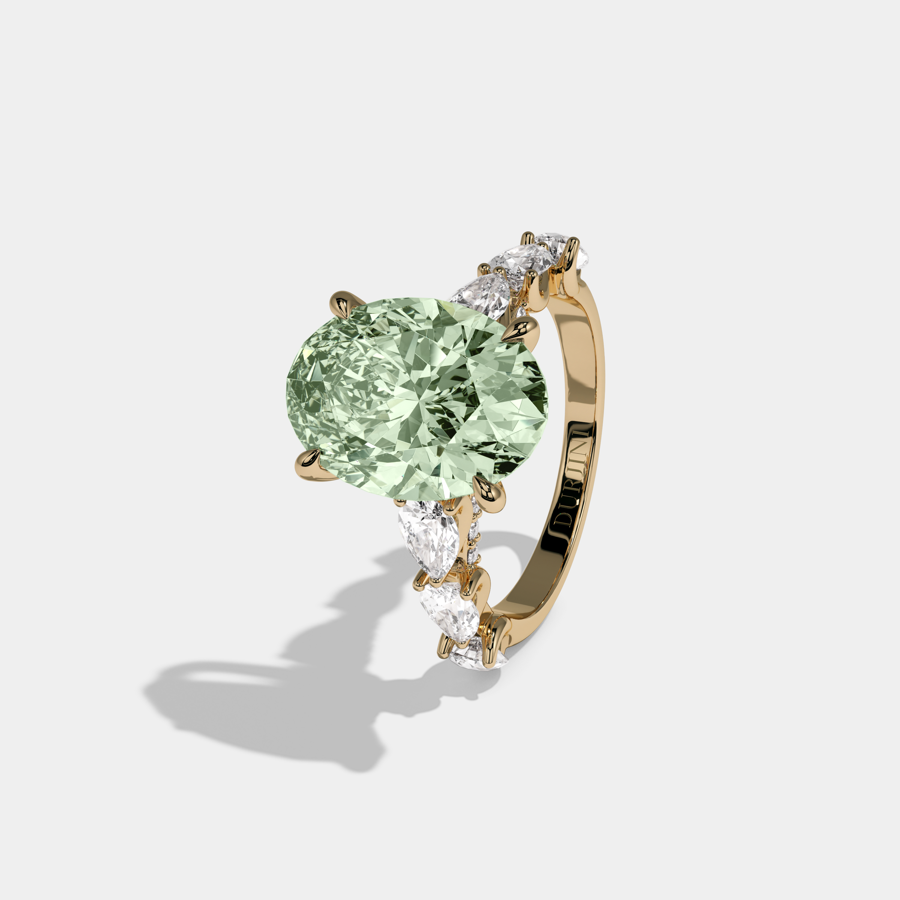 Adelaide Fancy Light Green Oval Cut Diamond Band With Pear Cuts Engagement Ring 6ct 18K Yellow Gold