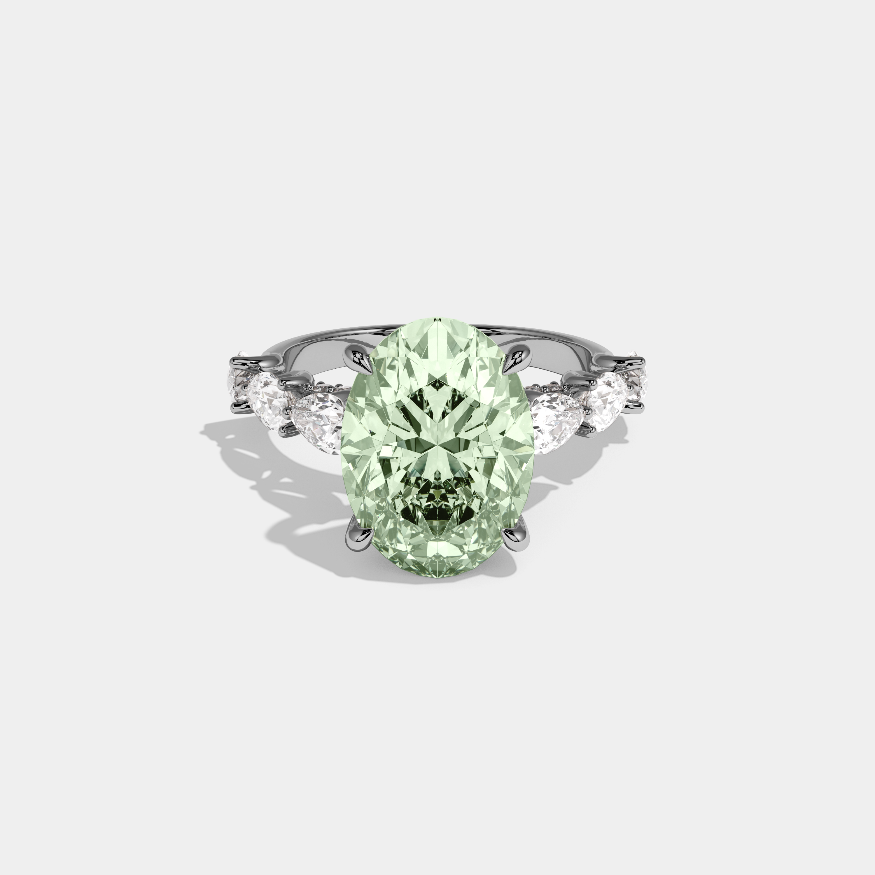 Elizabeth Fancy Light Green Oval Cut Diamond Band With Pear Cuts Engagement Ring 6ct 18K White Gold