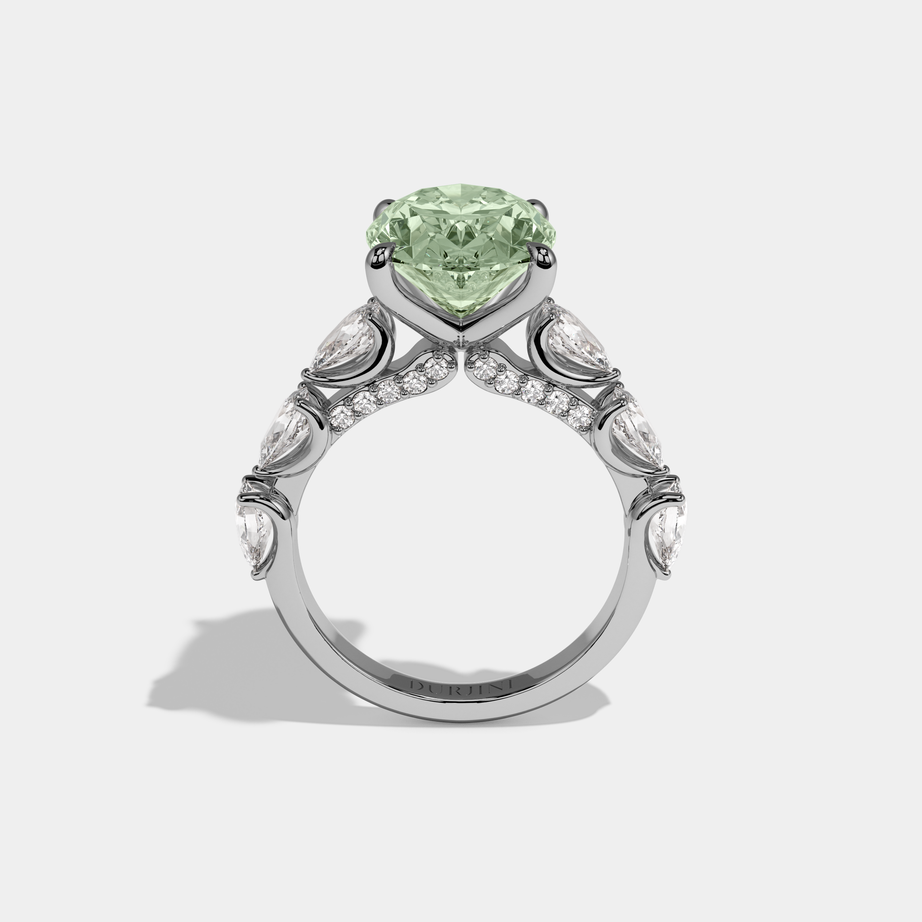 Elizabeth Fancy Light Green Oval Cut Diamond Band With Pear Cuts Engagement Ring 6ct 18K White Gold