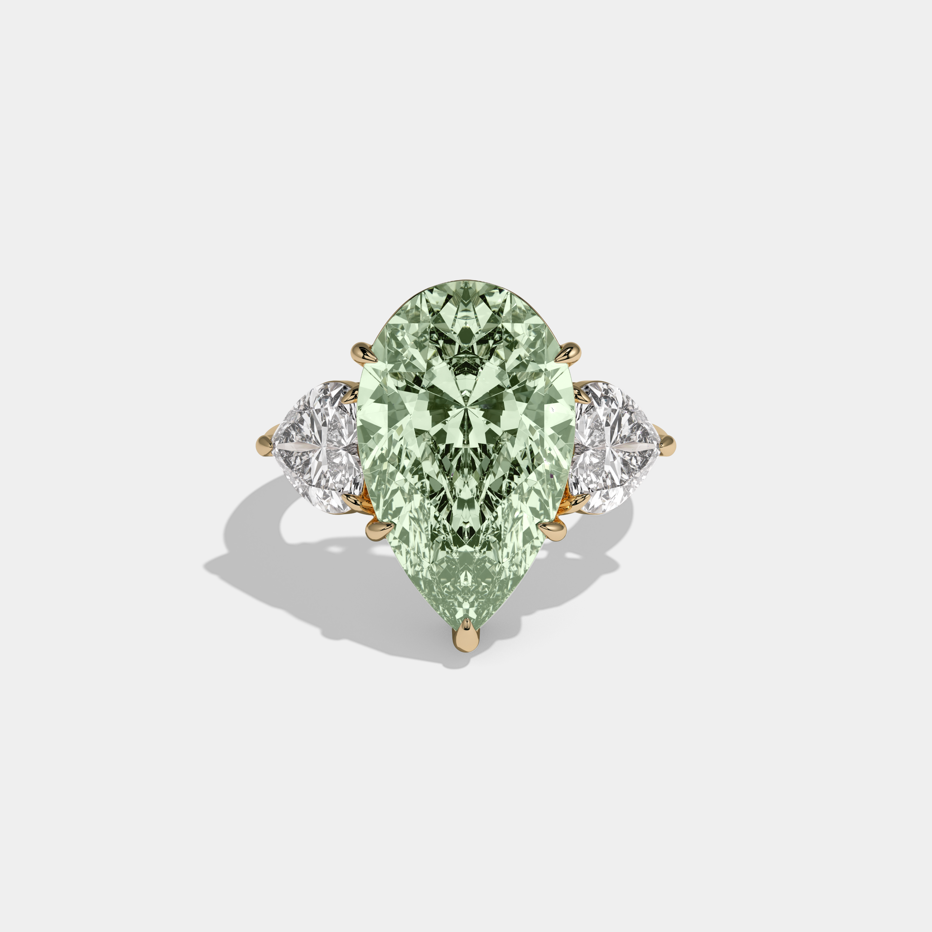 Alexandra Fancy Light Green Pear Cut Diamond Plain Band With Heart Cut Sides Engagement Ring 6ct 18K Yellow Gold