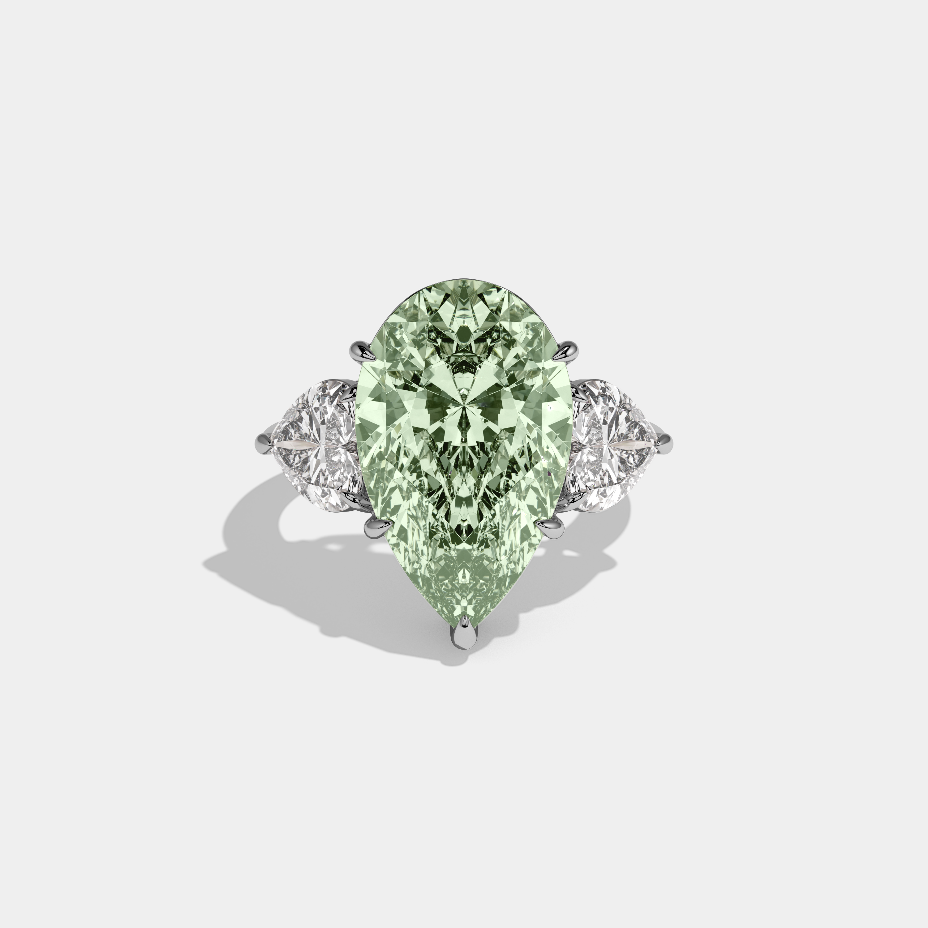 Elizabeth Fancy Light Green Pear Cut Diamond Plain Band With Heart Cut Sides Engagement Ring 6ct 18K White Gold