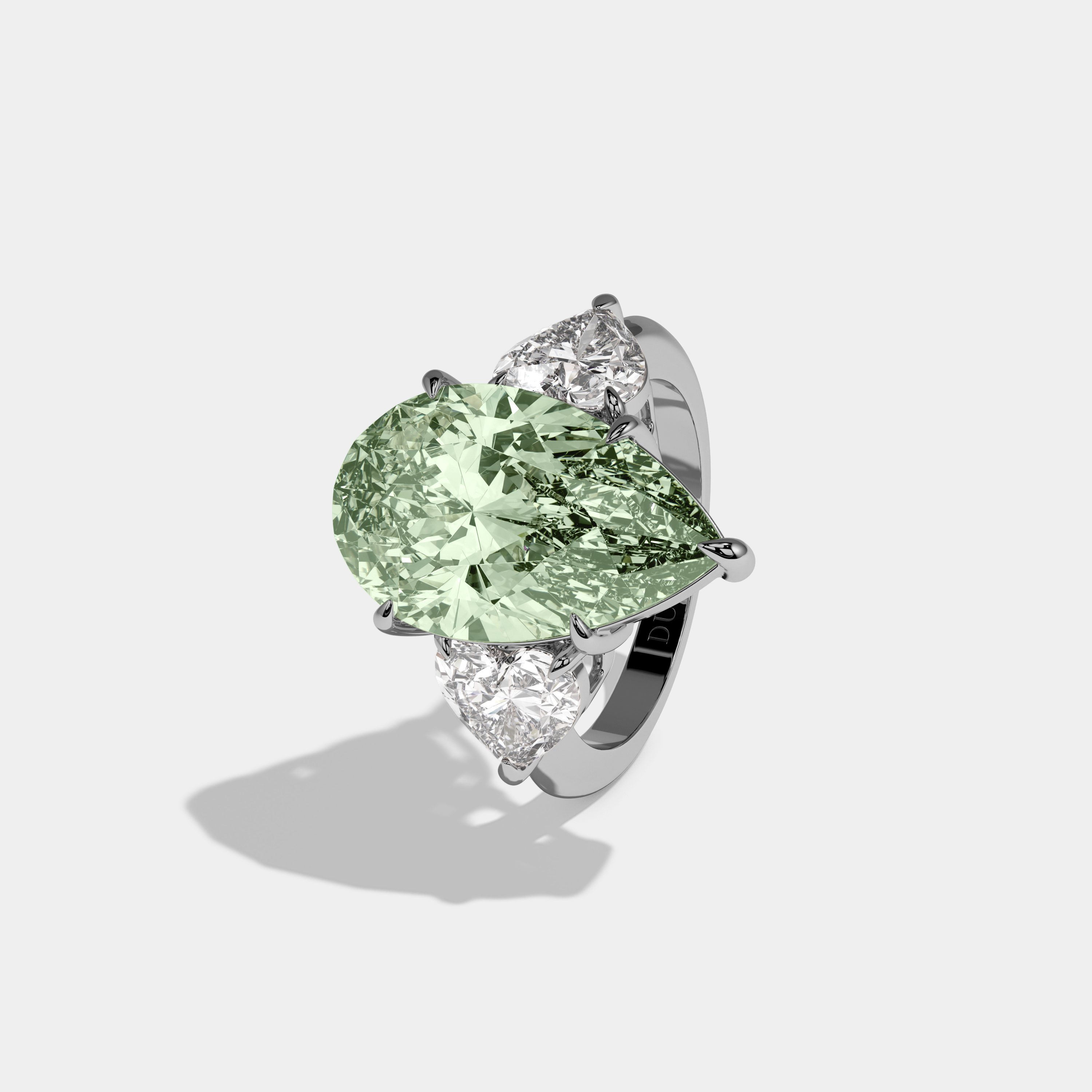 Elizabeth Fancy Light Green Pear Cut Diamond Plain Band With Heart Cut Sides Engagement Ring 6ct 18K White Gold