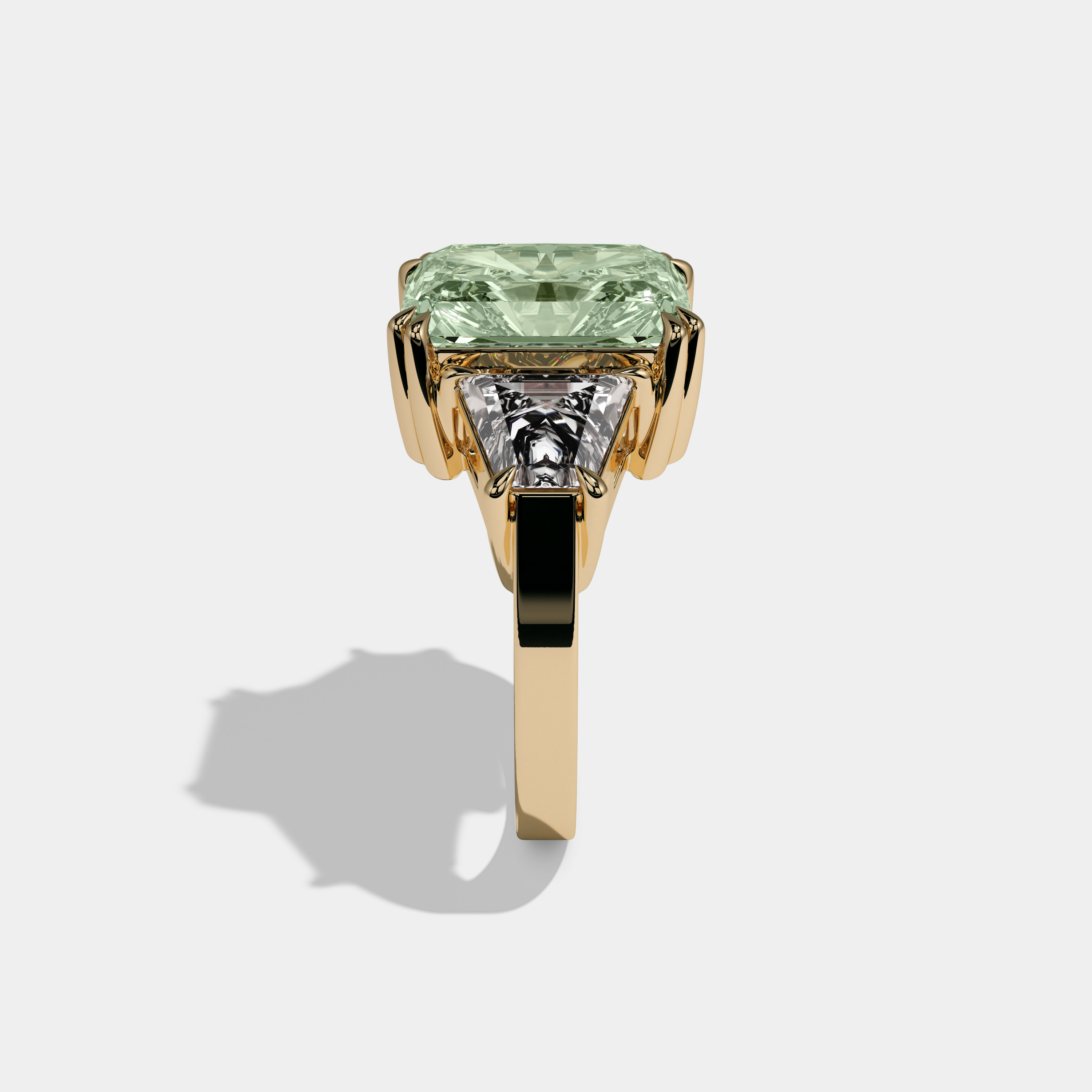 Alice Fancy Light Green Radiant Cut Diamond Plain Band With Trapezoid Sides Engagement Ring 7ct 18K Yellow Gold