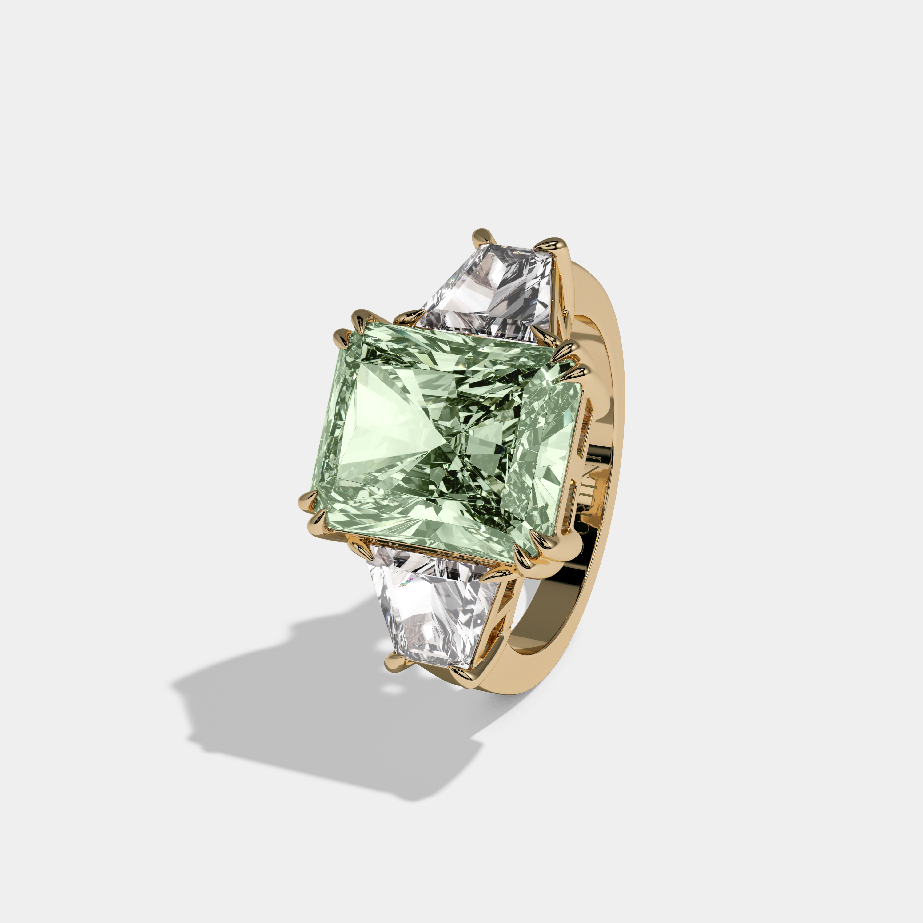 Alice Fancy Light Green Radiant Cut Diamond Plain Band With Trapezoid Sides Engagement Ring 7ct 18K Yellow Gold