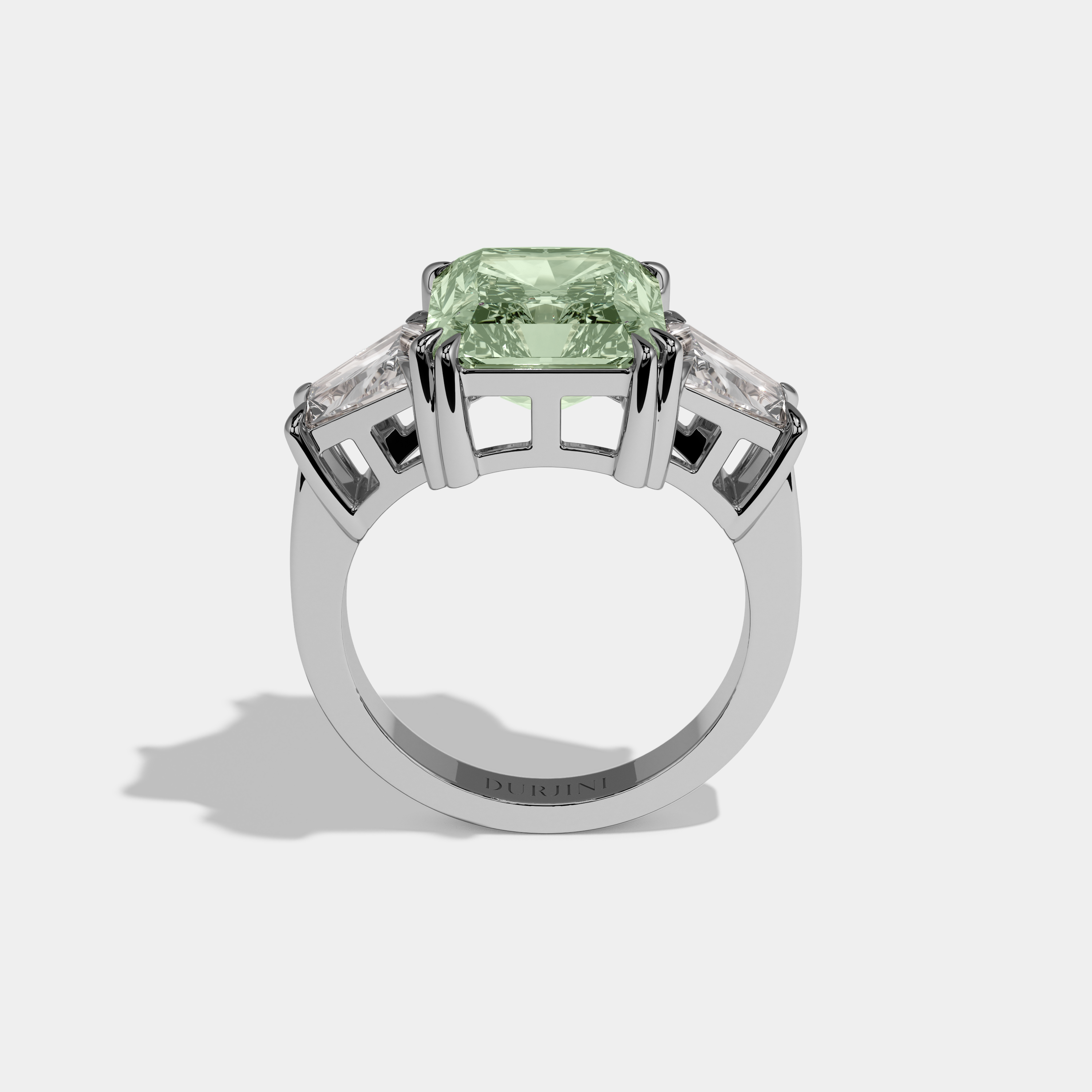 Louise Fancy Light Green Radiant Cut Diamond Plain Band With Trapezoid Sides Engagement Ring 7ct 18K White Gold