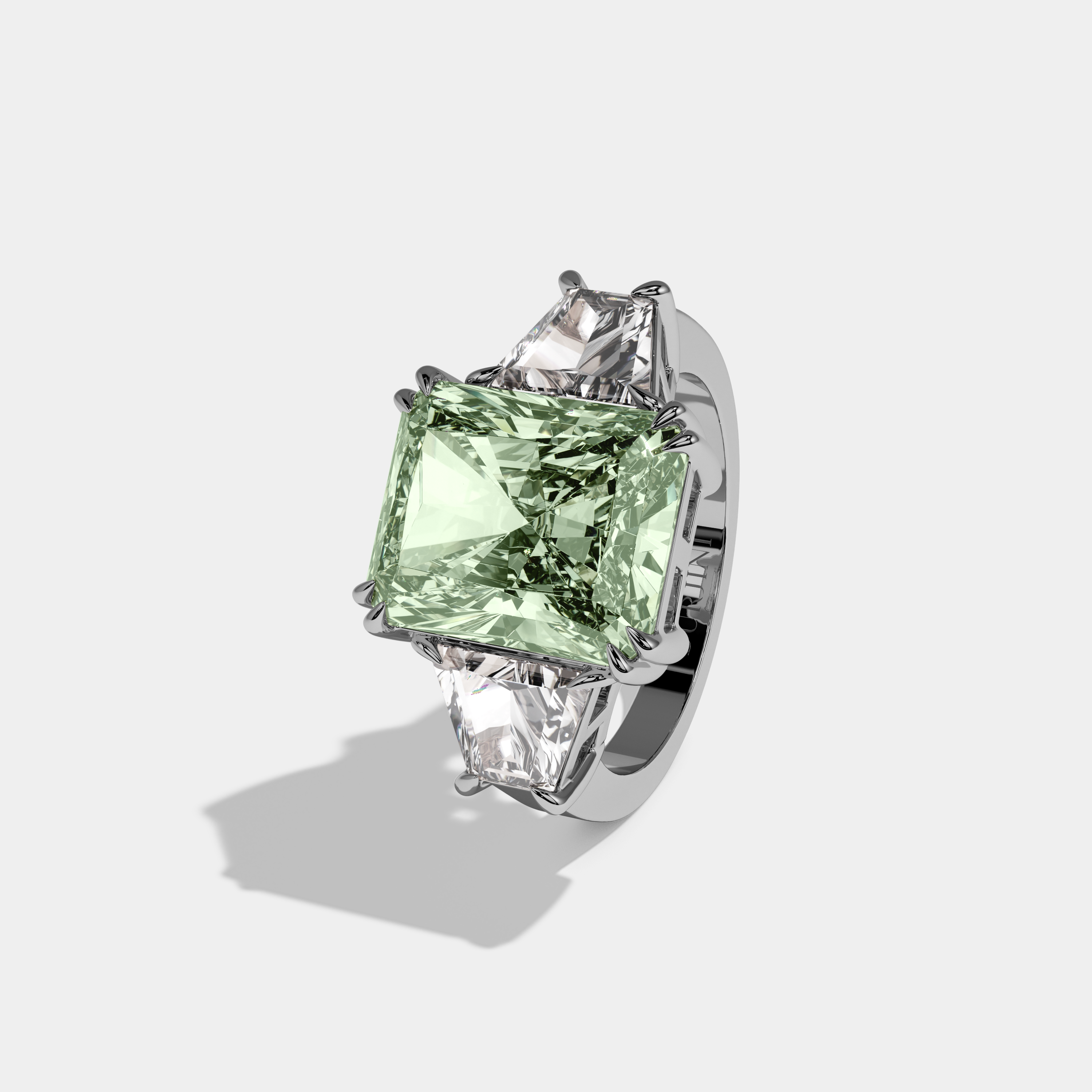 Louise Fancy Light Green Radiant Cut Diamond Plain Band With Trapezoid Sides Engagement Ring 7ct 18K White Gold