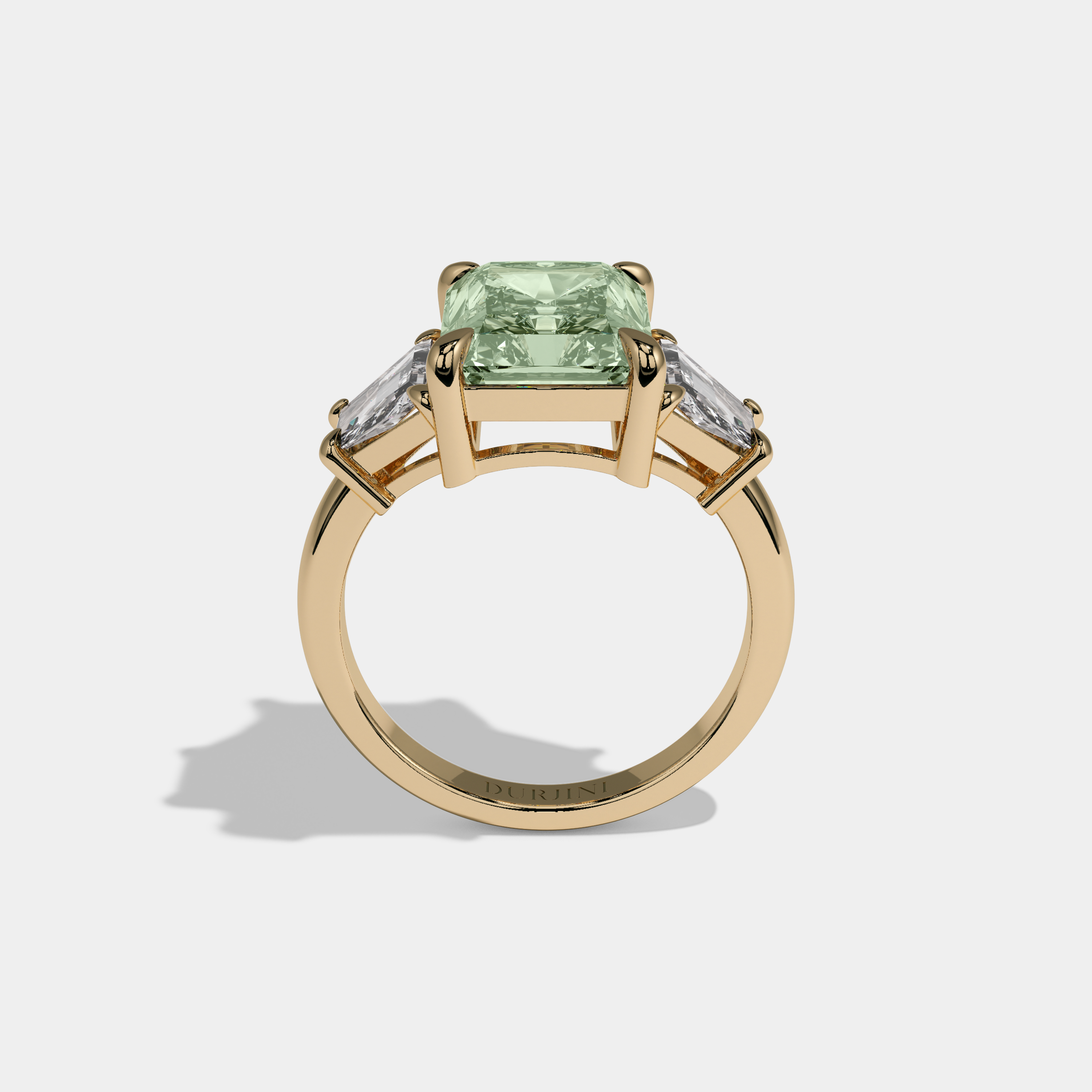 Helena Fancy Light Green Radiant Cut Diamond Plain Band With Step Cut Sides Engagement Ring 8ct 18K Yellow Gold