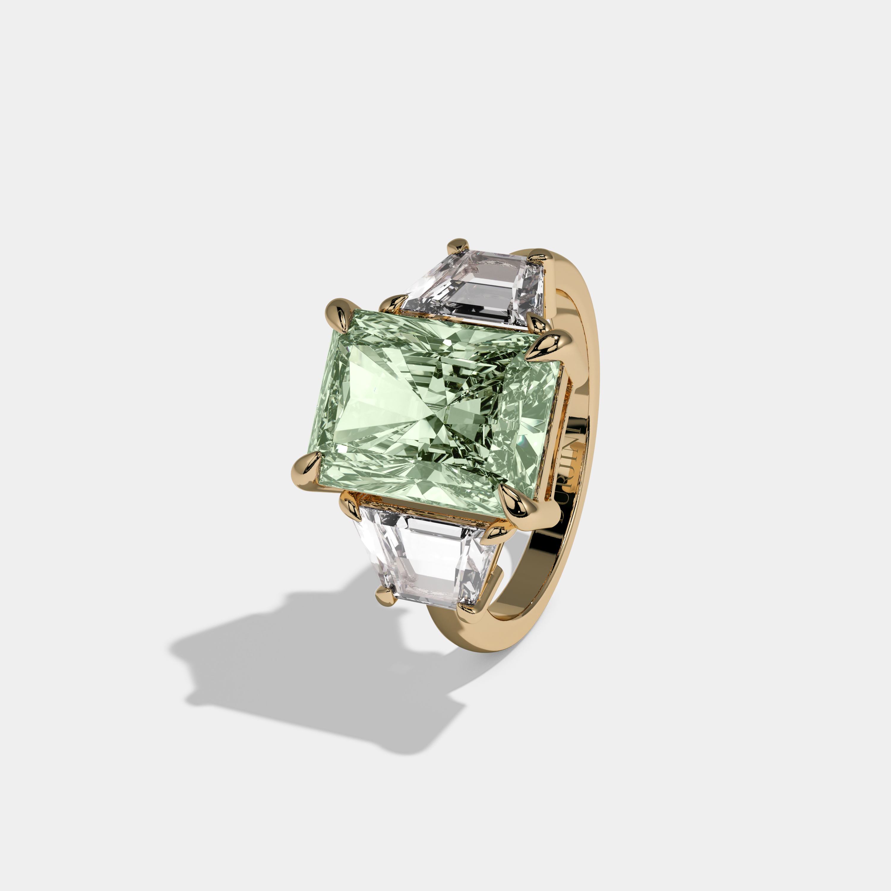 Helena Fancy Light Green Radiant Cut Diamond Plain Band With Step Cut Sides Engagement Ring 8ct 18K Yellow Gold