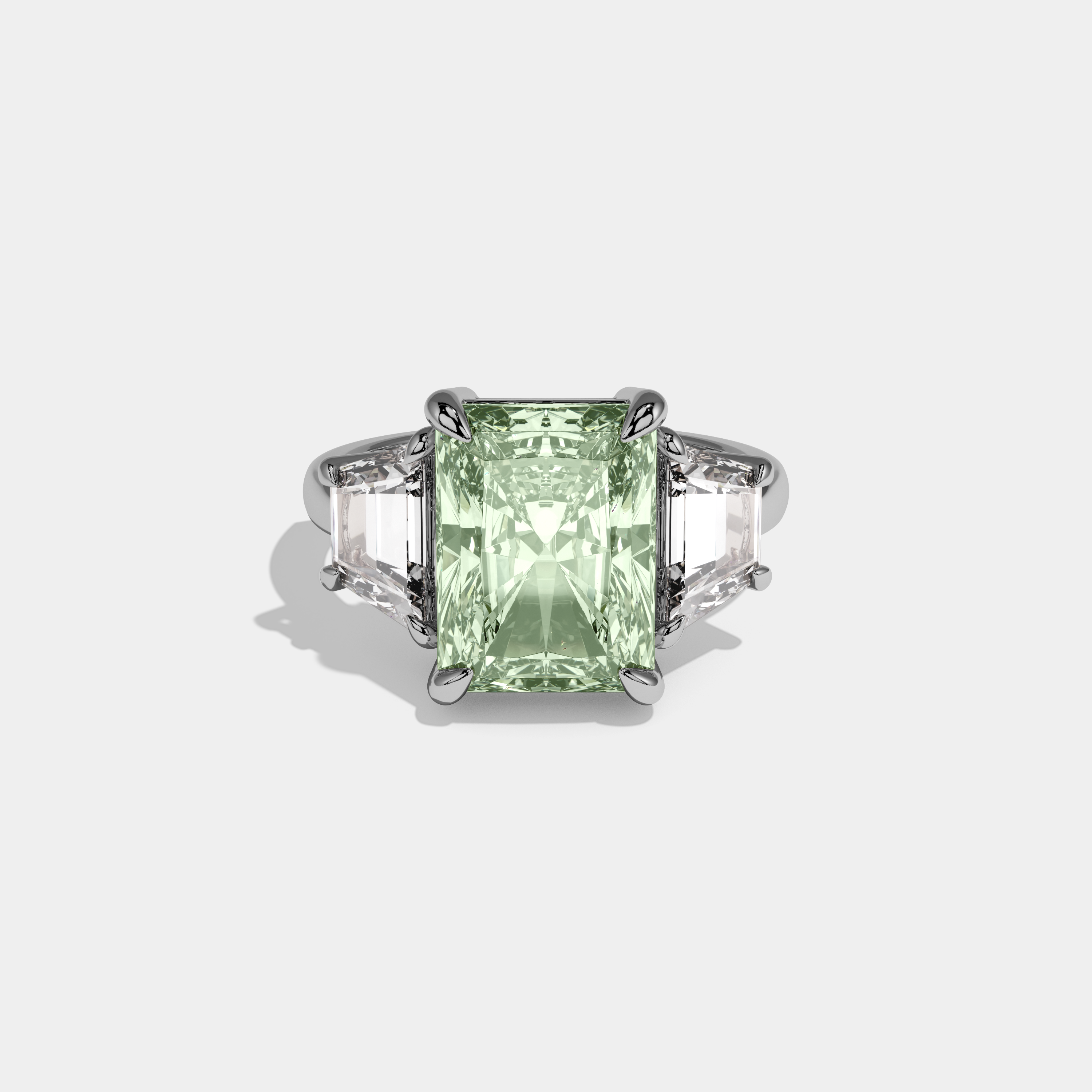 Charlotte Fancy Light Green Radiant Cut Diamond Plain Band With Step Cut Sides Engagement Ring 8ct 18K White Gold