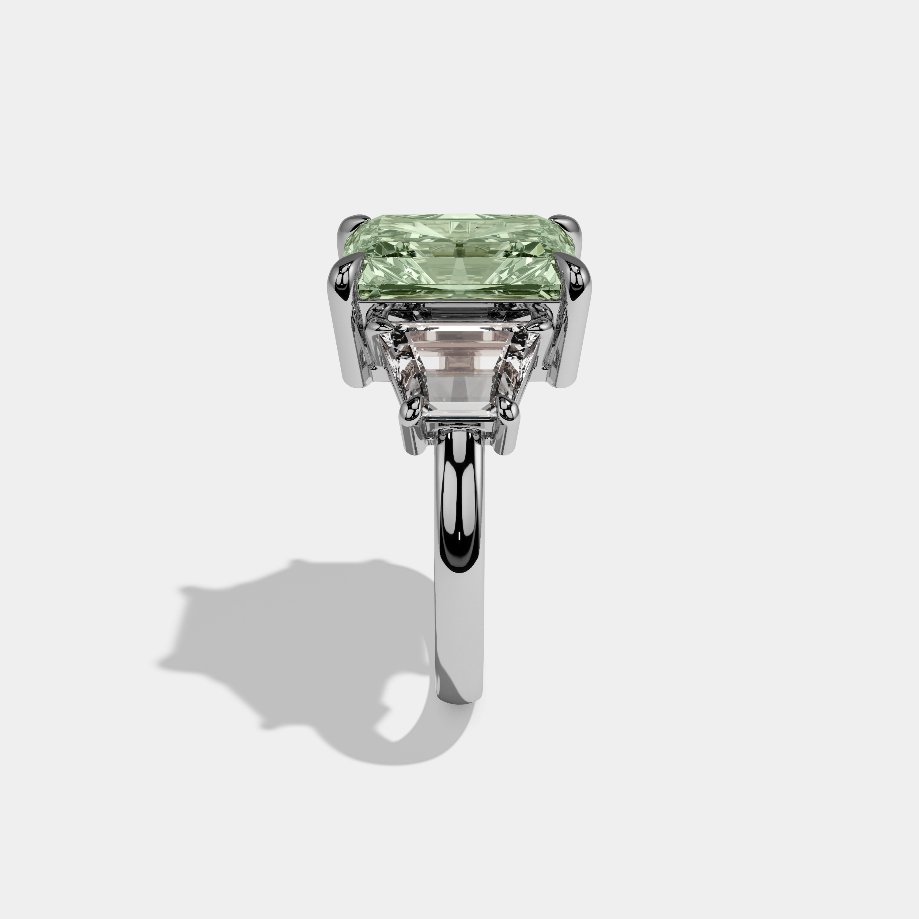 Charlotte Fancy Light Green Radiant Cut Diamond Plain Band With Step Cut Sides Engagement Ring 8ct 18K White Gold