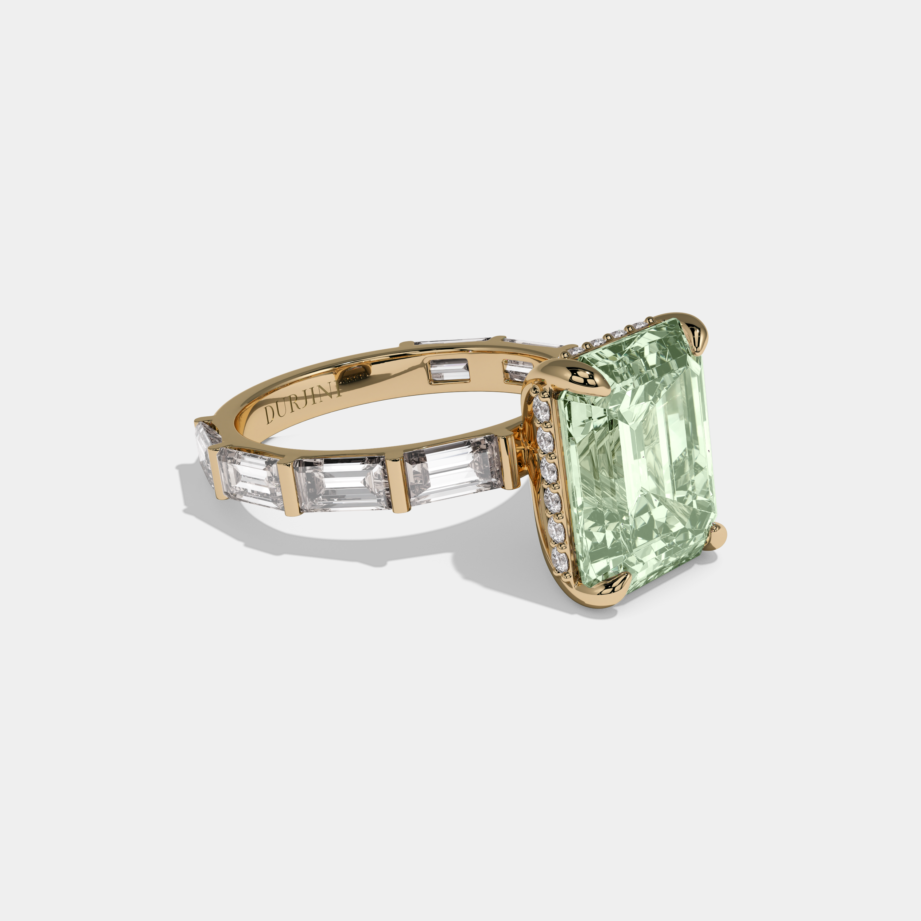 Beatrice Fancy Light Green Emerald Cut Diamond Emerald Band Engagement Ring 7ct 18K Yellow Gold