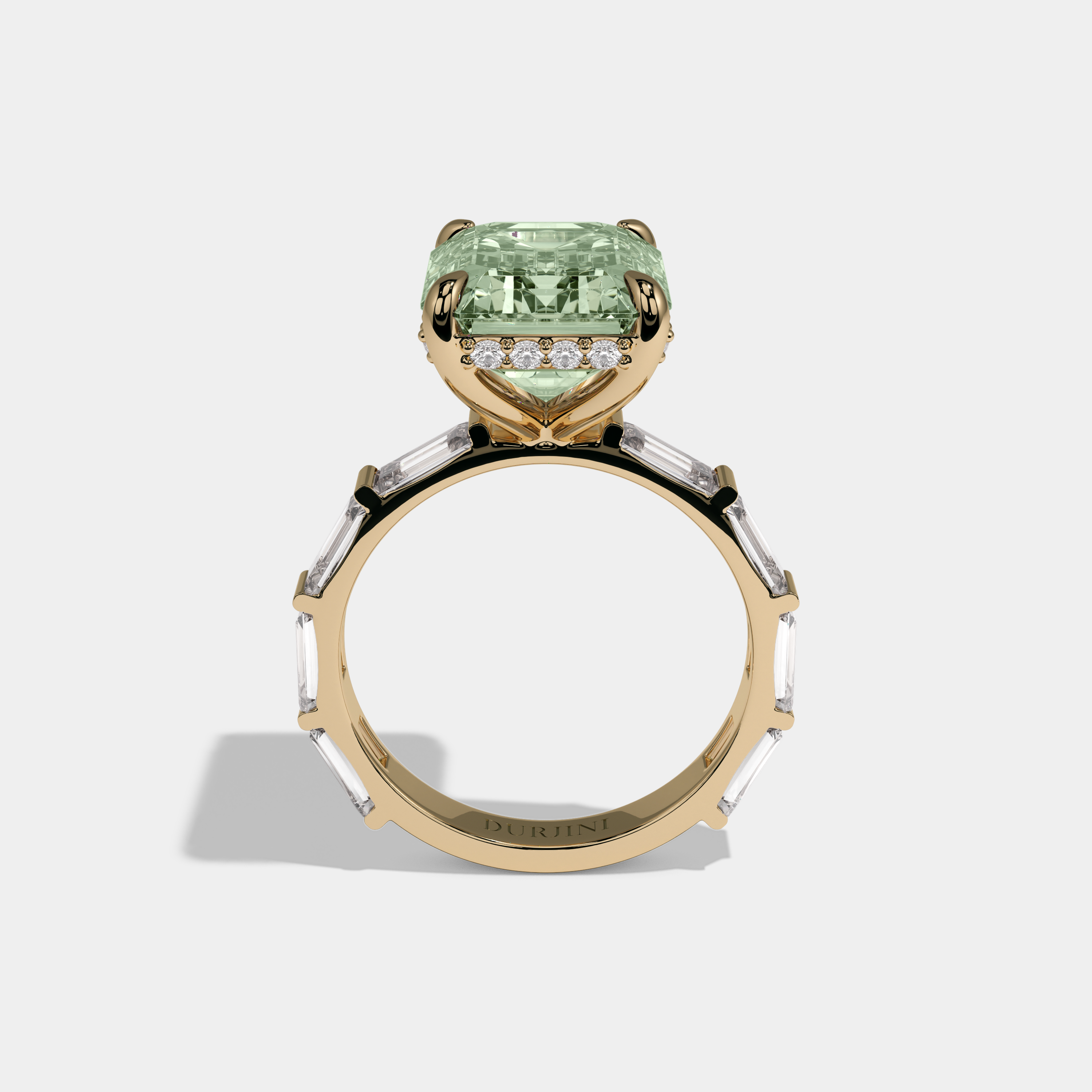 Beatrice Fancy Light Green Emerald Cut Diamond Emerald Band Engagement Ring 7ct 18K Yellow Gold