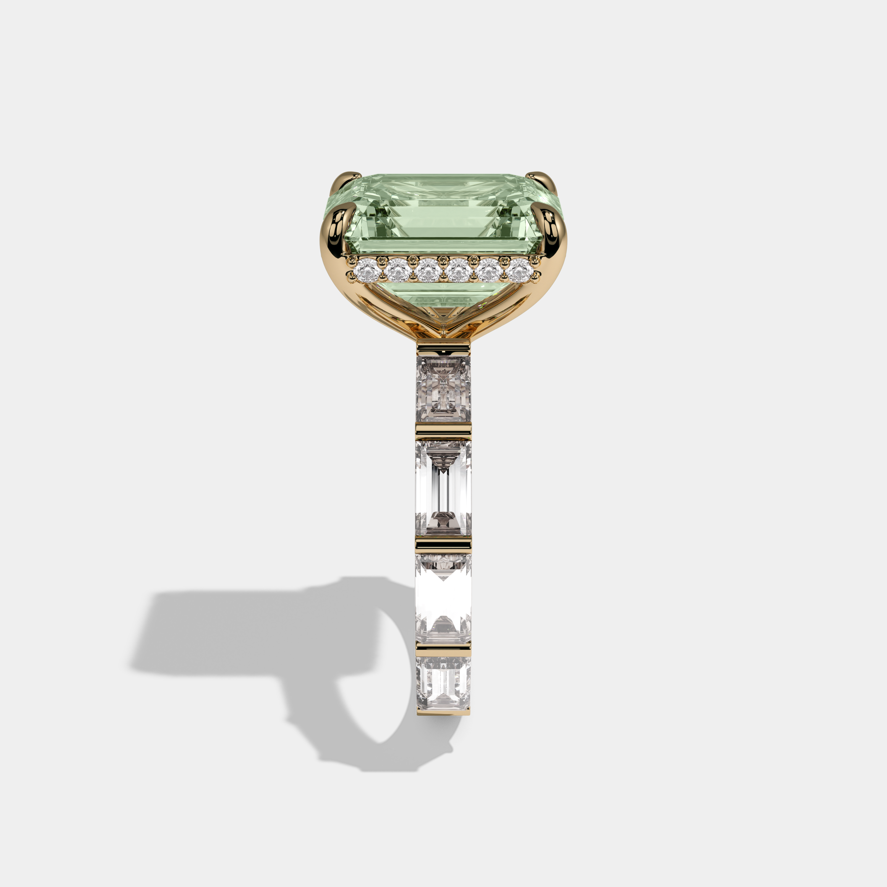 Beatrice Fancy Light Green Emerald Cut Diamond Emerald Band Engagement Ring 7ct 18K Yellow Gold