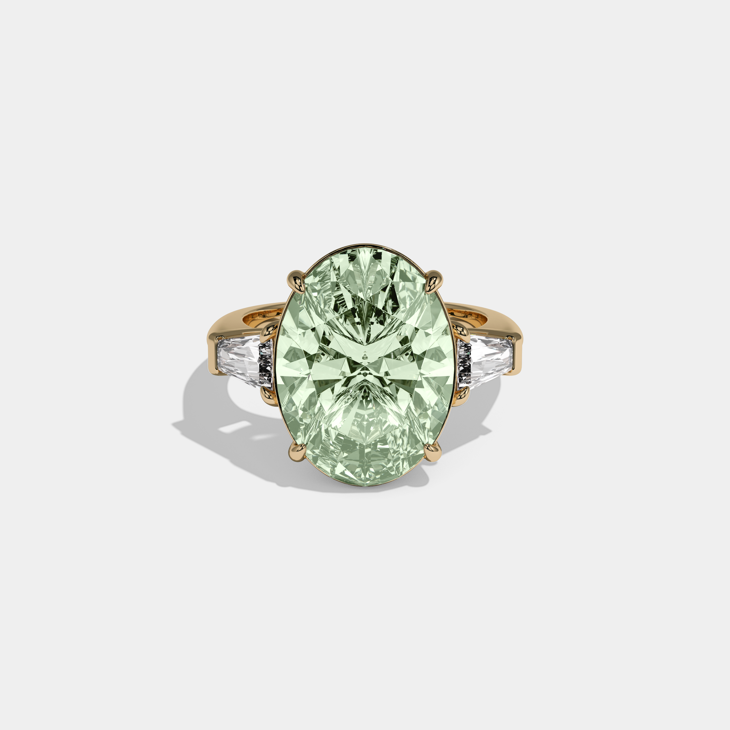 Beatrice Fancy Light Green Oval Cut Diamond Plain Band With Tapered Baguette Cut Sides Engagement Ring 8ct 18K Yellow Gold