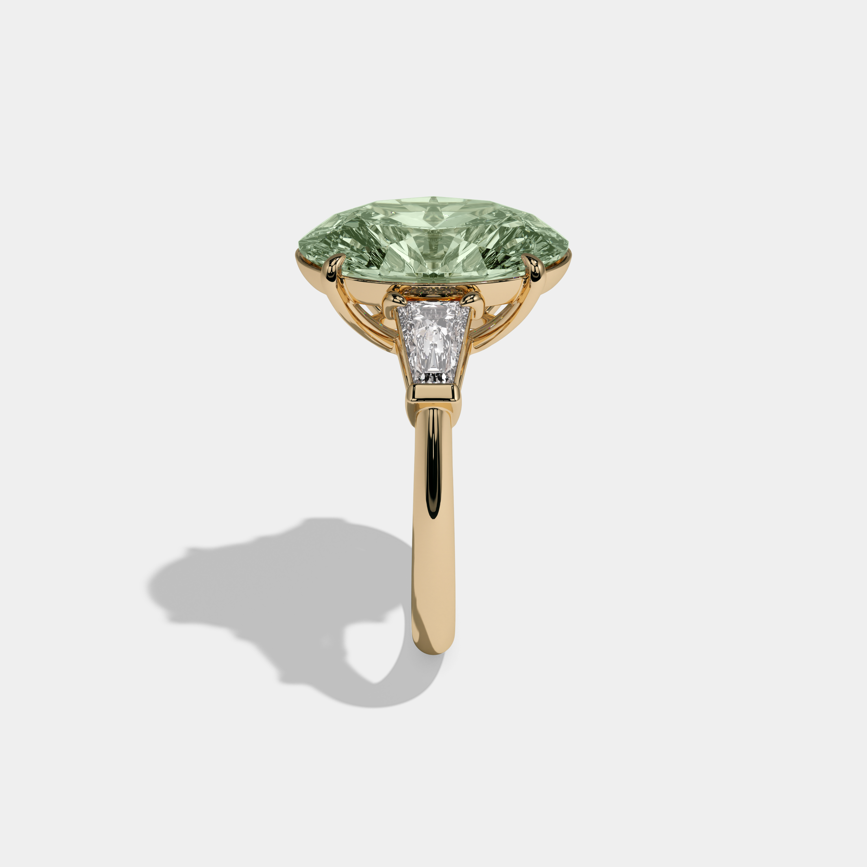 Beatrice Fancy Light Green Oval Cut Diamond Plain Band With Tapered Baguette Cut Sides Engagement Ring 8ct 18K Yellow Gold