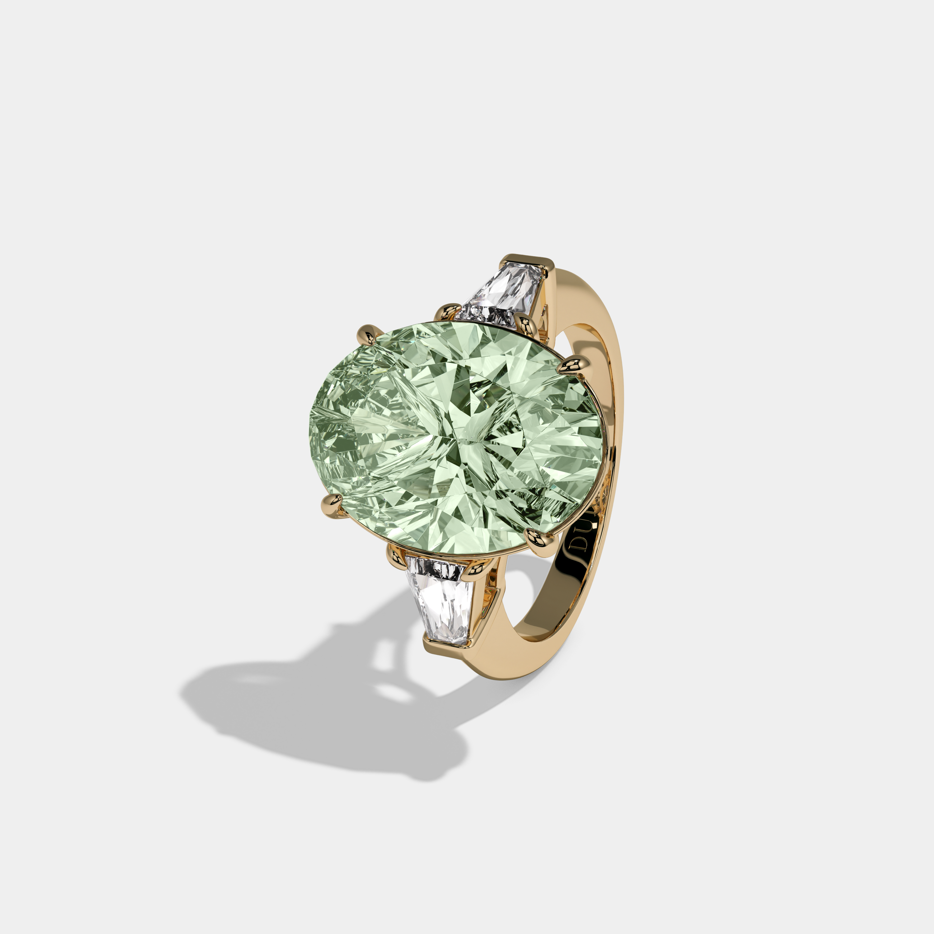 Beatrice Fancy Light Green Oval Cut Diamond Plain Band With Tapered Baguette Cut Sides Engagement Ring 8ct 18K Yellow Gold