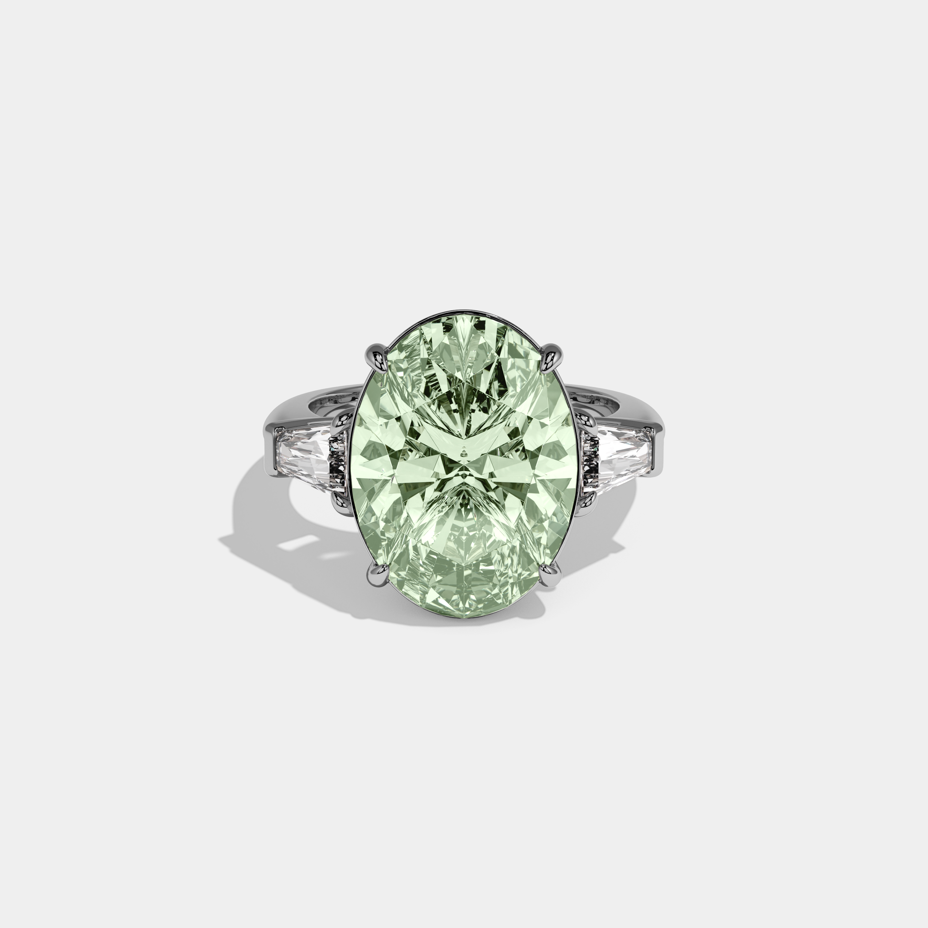 Charlotte Fancy Light Green Oval Cut Diamond Plain Band With Tapered Baguette Cut Sides Engagement Ring 8ct 18K White Gold