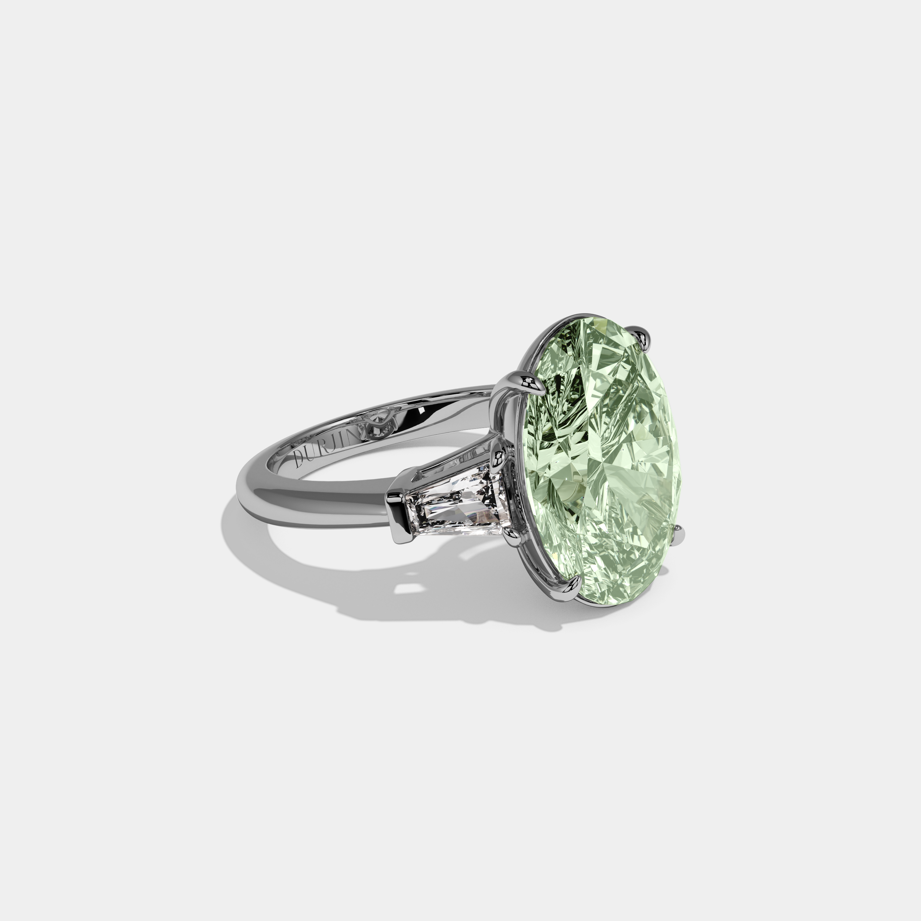 Charlotte Fancy Light Green Oval Cut Diamond Plain Band With Tapered Baguette Cut Sides Engagement Ring 8ct 18K White Gold