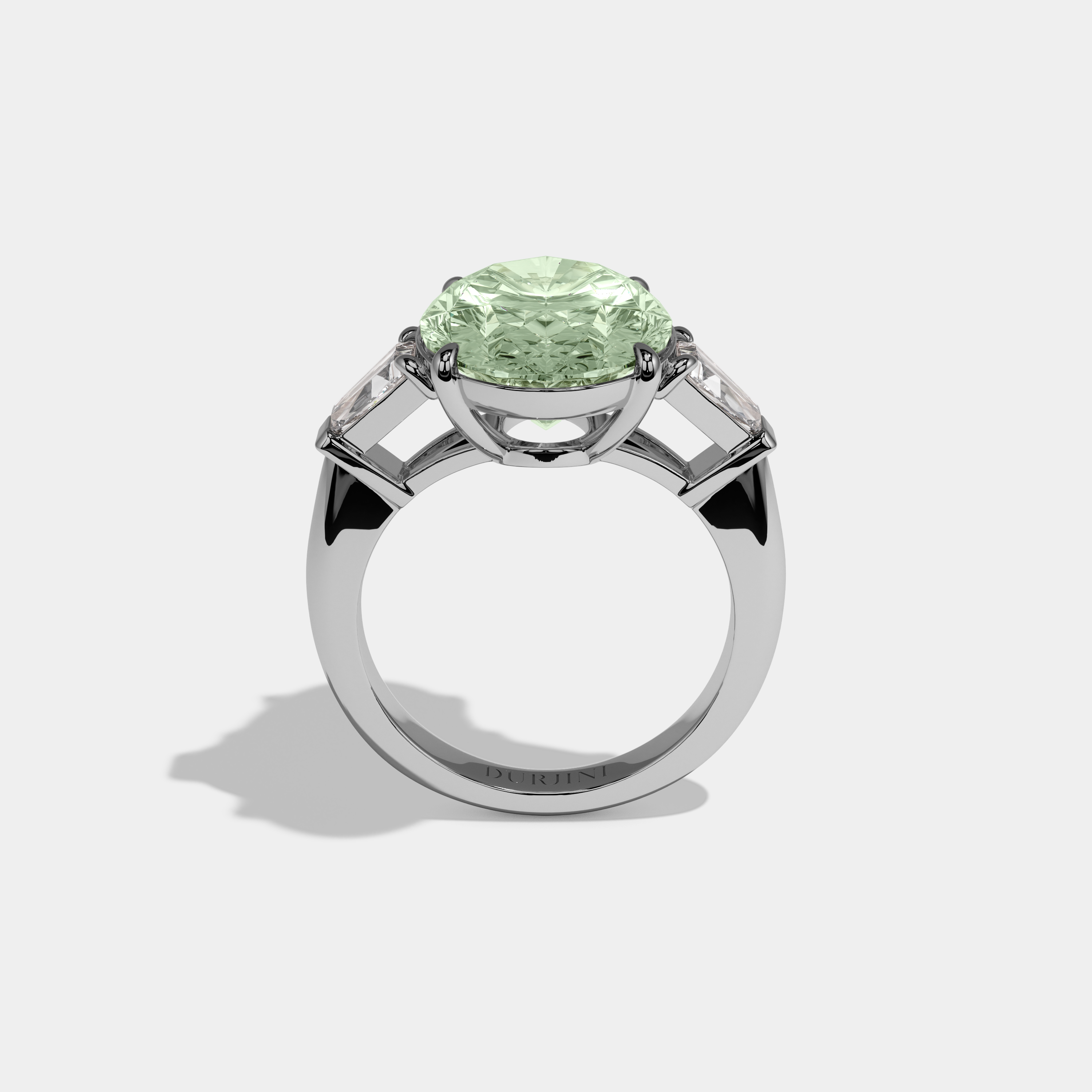 Charlotte Fancy Light Green Oval Cut Diamond Plain Band With Tapered Baguette Cut Sides Engagement Ring 8ct 18K White Gold