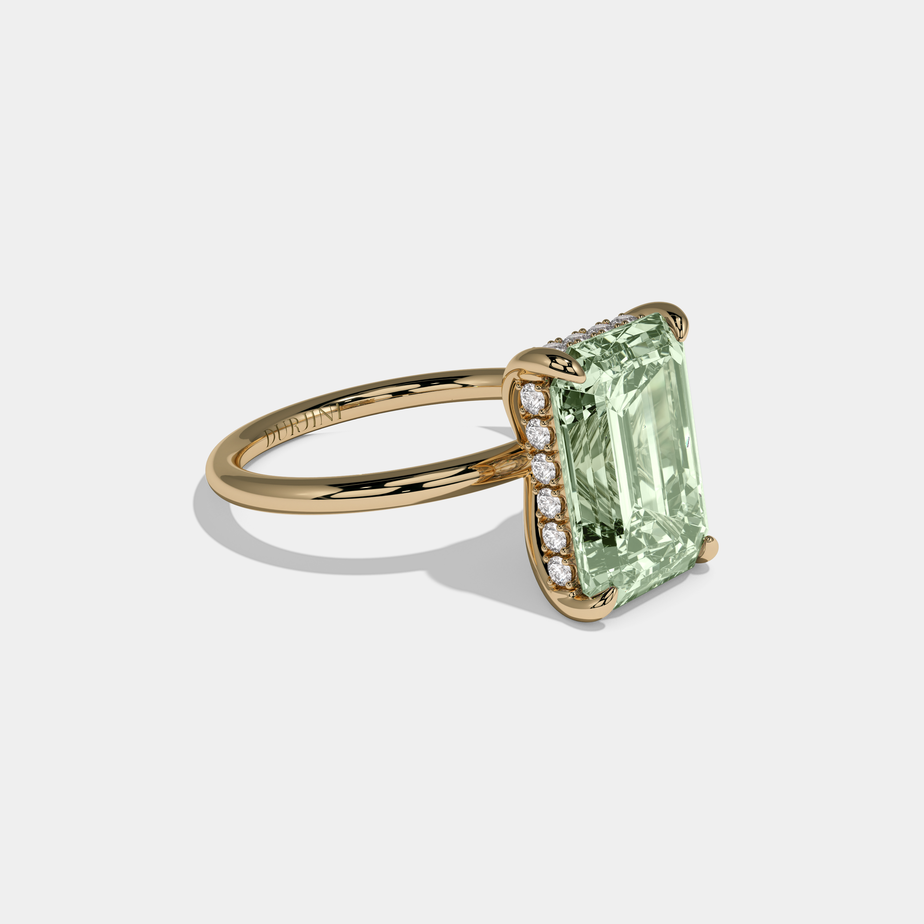 Margaret Fancy Light Green Emerald Brilliant Cut Diamond Plain Band With Hidden Halo 6.5ct 18K Yellow Gold