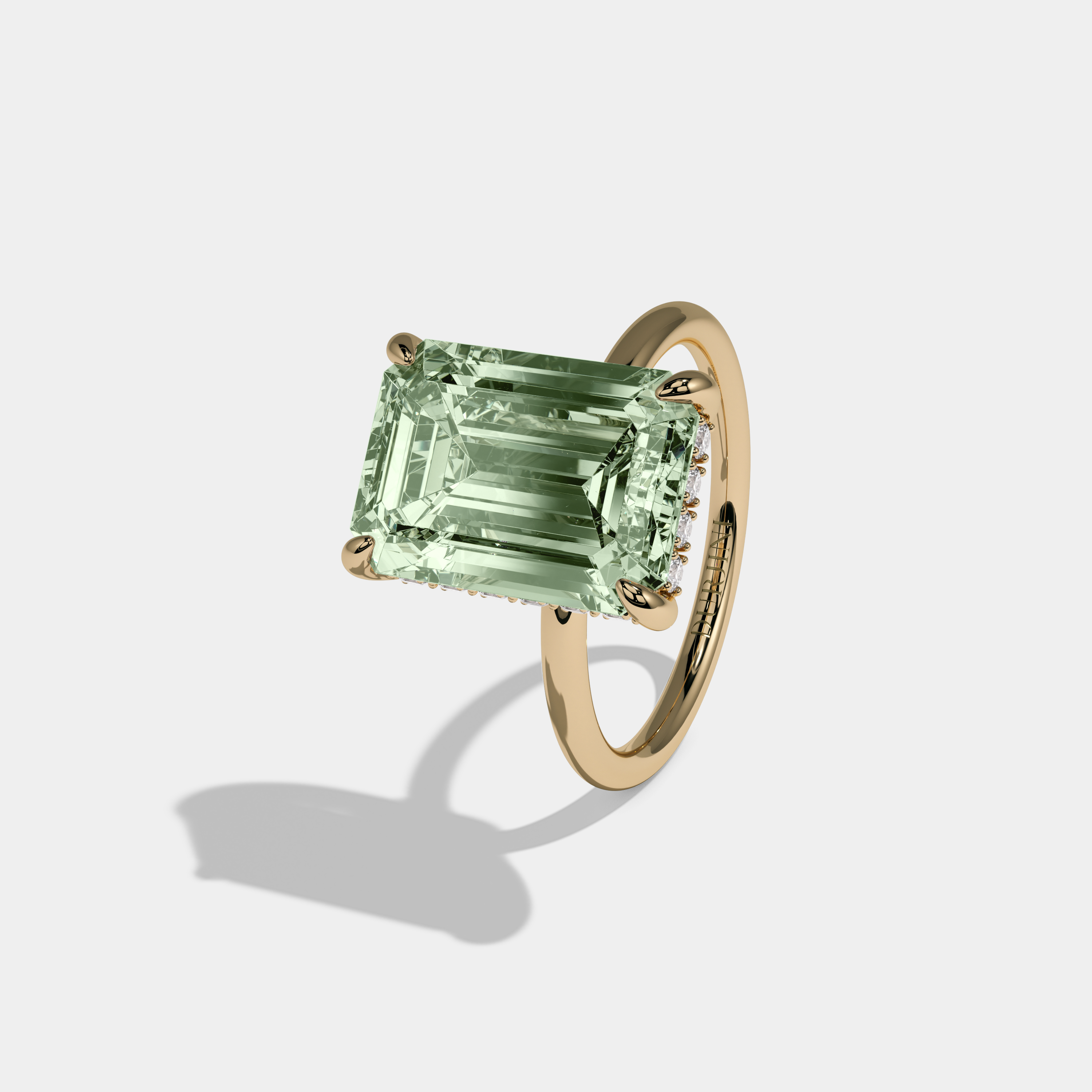 Margaret Fancy Light Green Emerald Brilliant Cut Diamond Plain Band With Hidden Halo 6.5ct 18K Yellow Gold