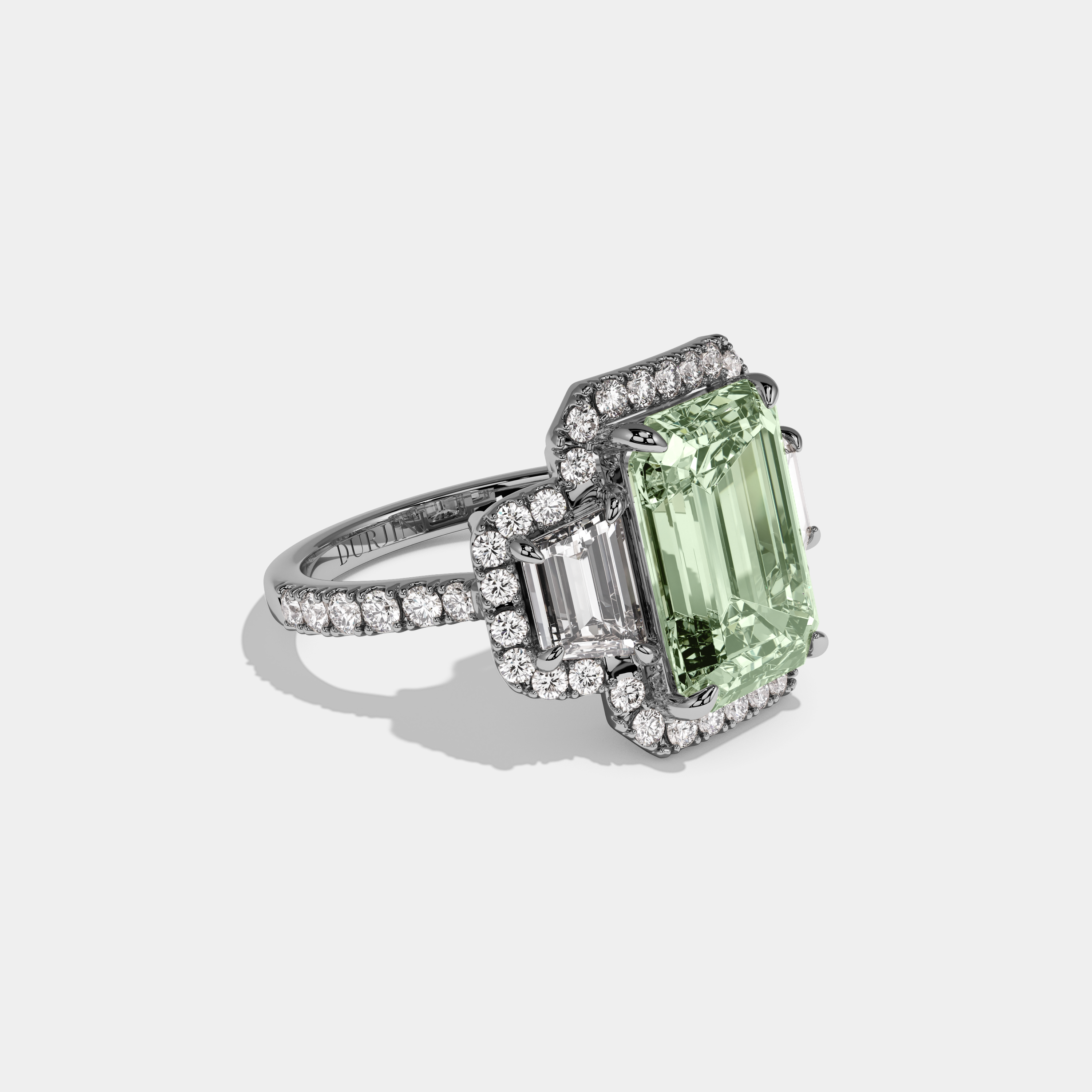 Alice Fancy Light Green Emerald Cut Diamond Band With Halo Engagement Ring 8ct 18K White Gold