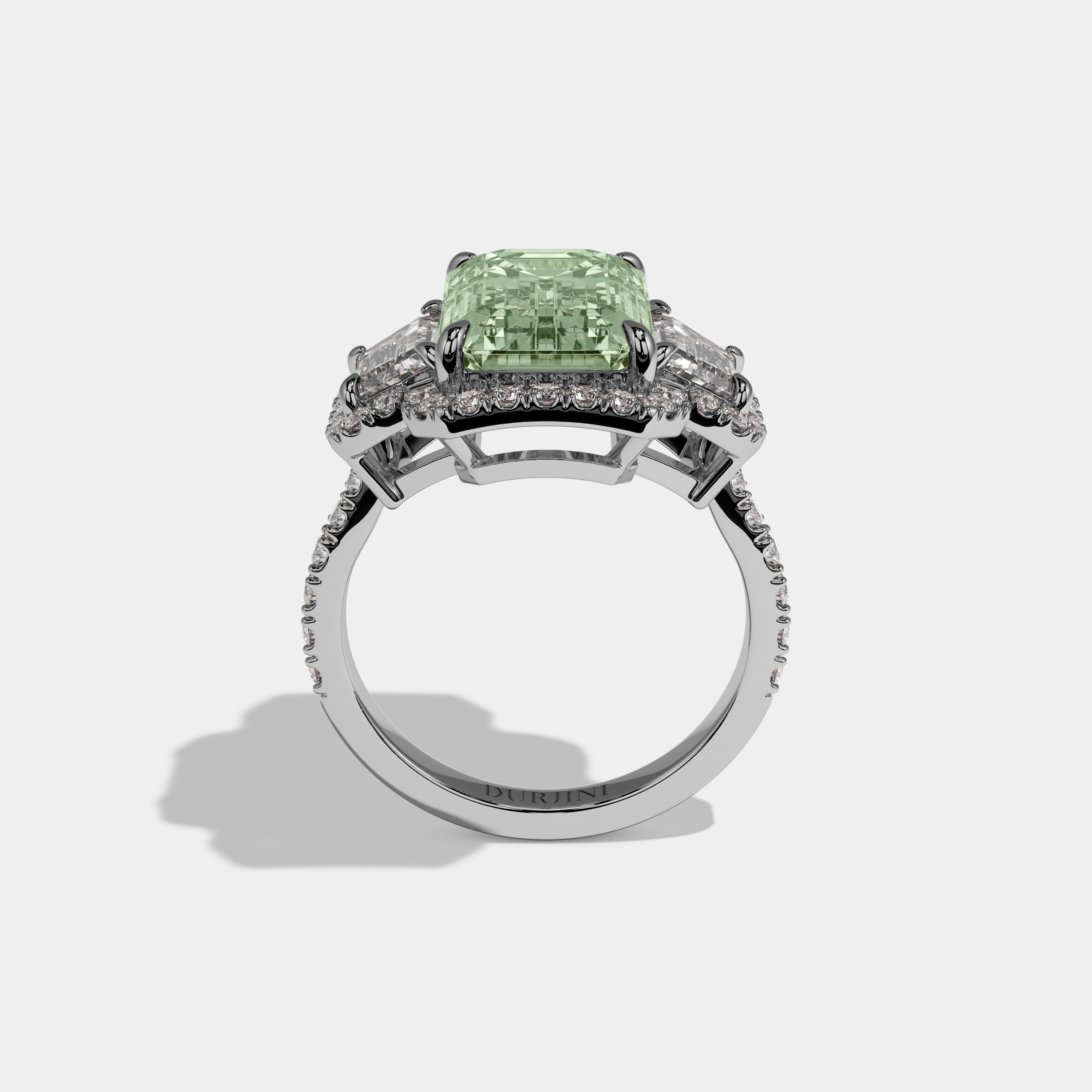 Alice Fancy Light Green Emerald Cut Diamond Band With Halo Engagement Ring 8ct 18K White Gold