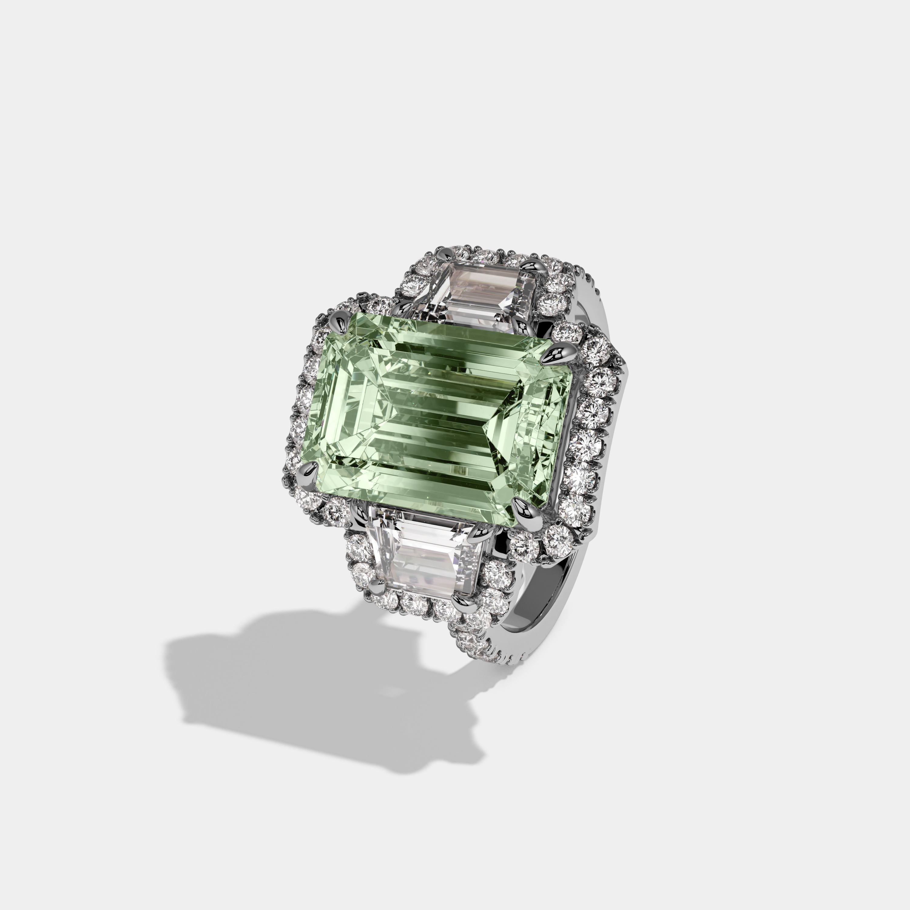 Alice Fancy Light Green Emerald Cut Diamond Band With Halo Engagement Ring 8ct 18K White Gold