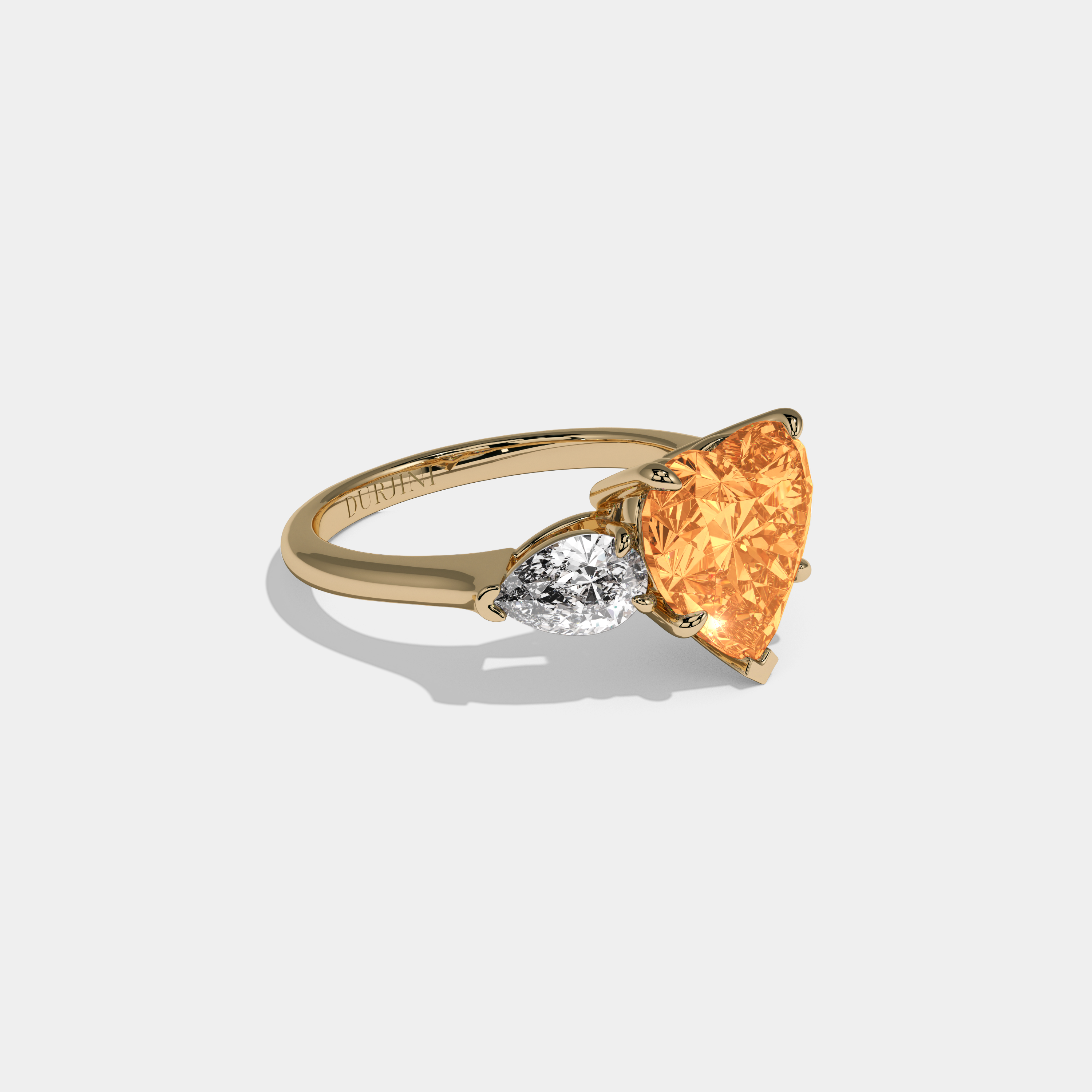 Elizabeth Fancy Orange Heart Cut Diamond Plain Band With Pear Cut Sides Engagement Ring 8ct 18K Yellow Gold