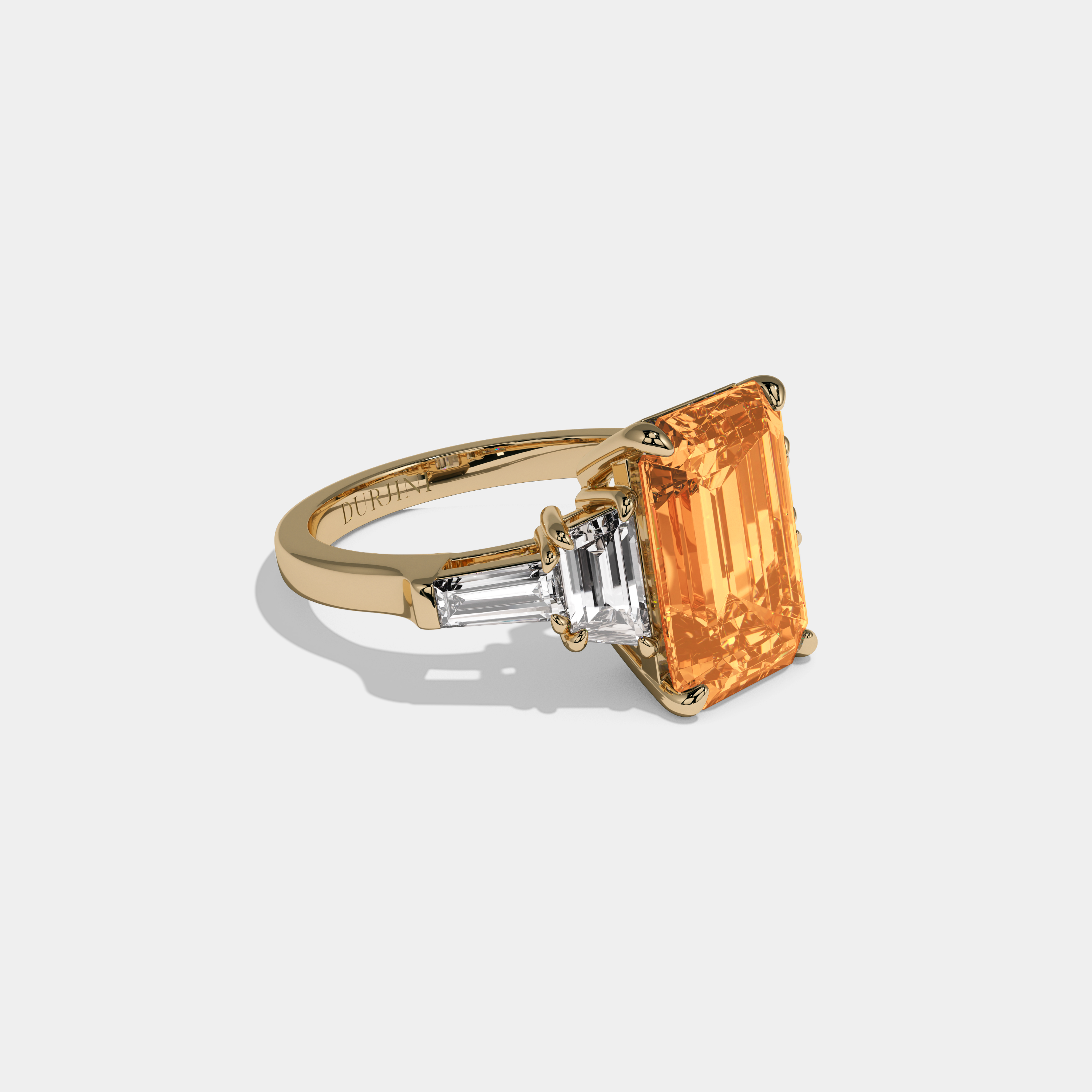 Elizabeth Fancy Orange Emerald Cut Diamond Plain Band With Step Cut Sides Engagement Ring 8ct 18K Yellow Gold
