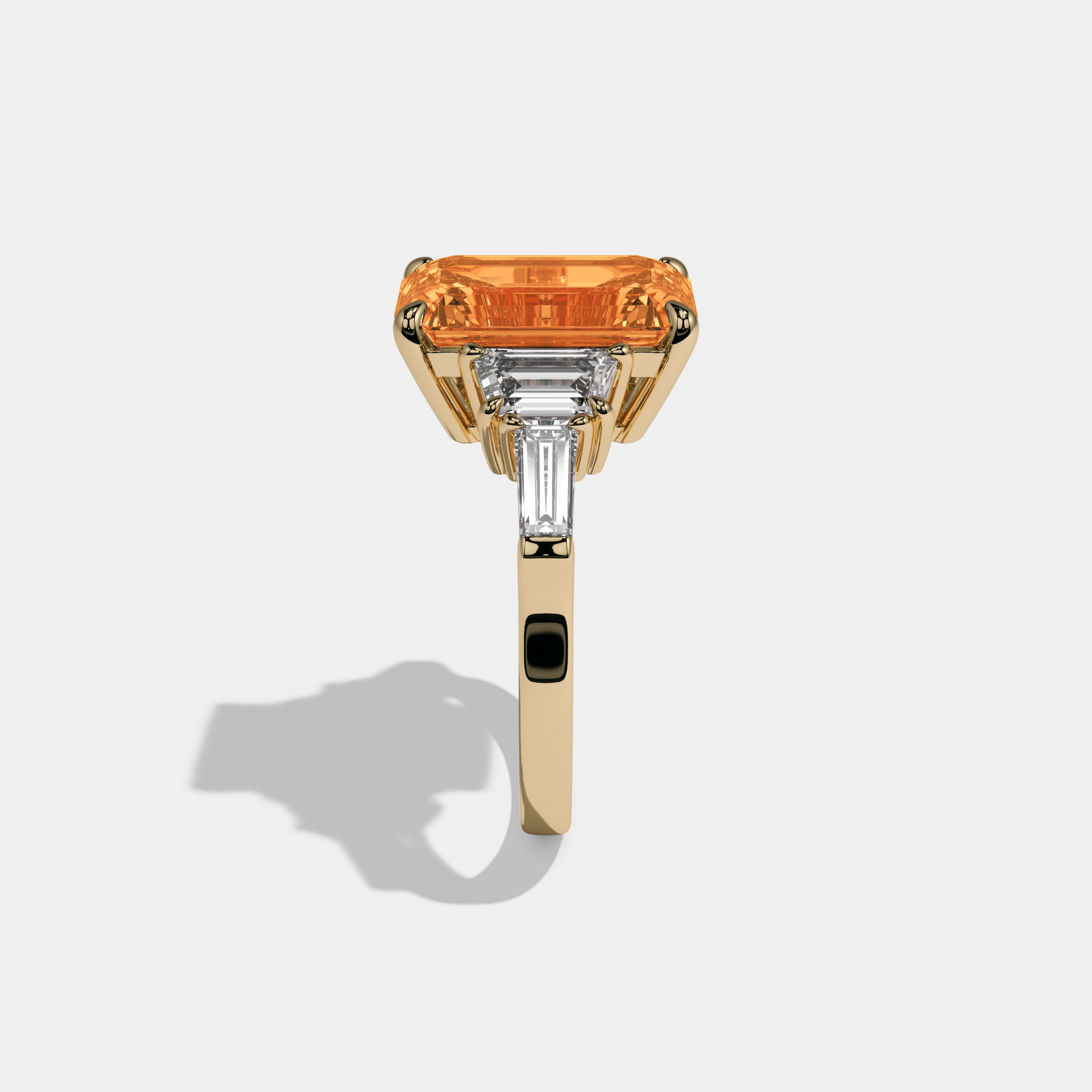 Elizabeth Fancy Orange Emerald Cut Diamond Plain Band With Step Cut Sides Engagement Ring 8ct 18K Yellow Gold