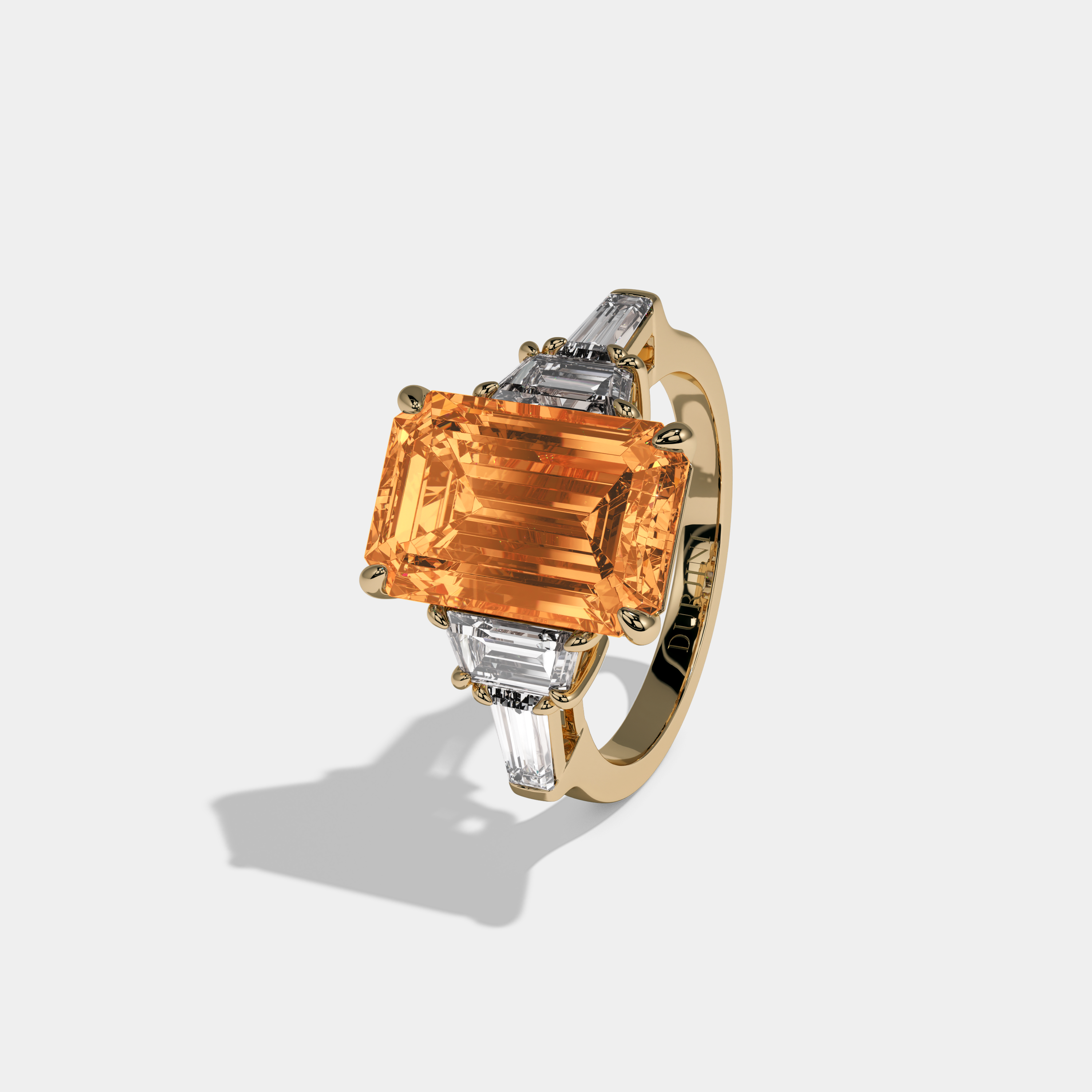 Elizabeth Fancy Orange Emerald Cut Diamond Plain Band With Step Cut Sides Engagement Ring 8ct 18K Yellow Gold