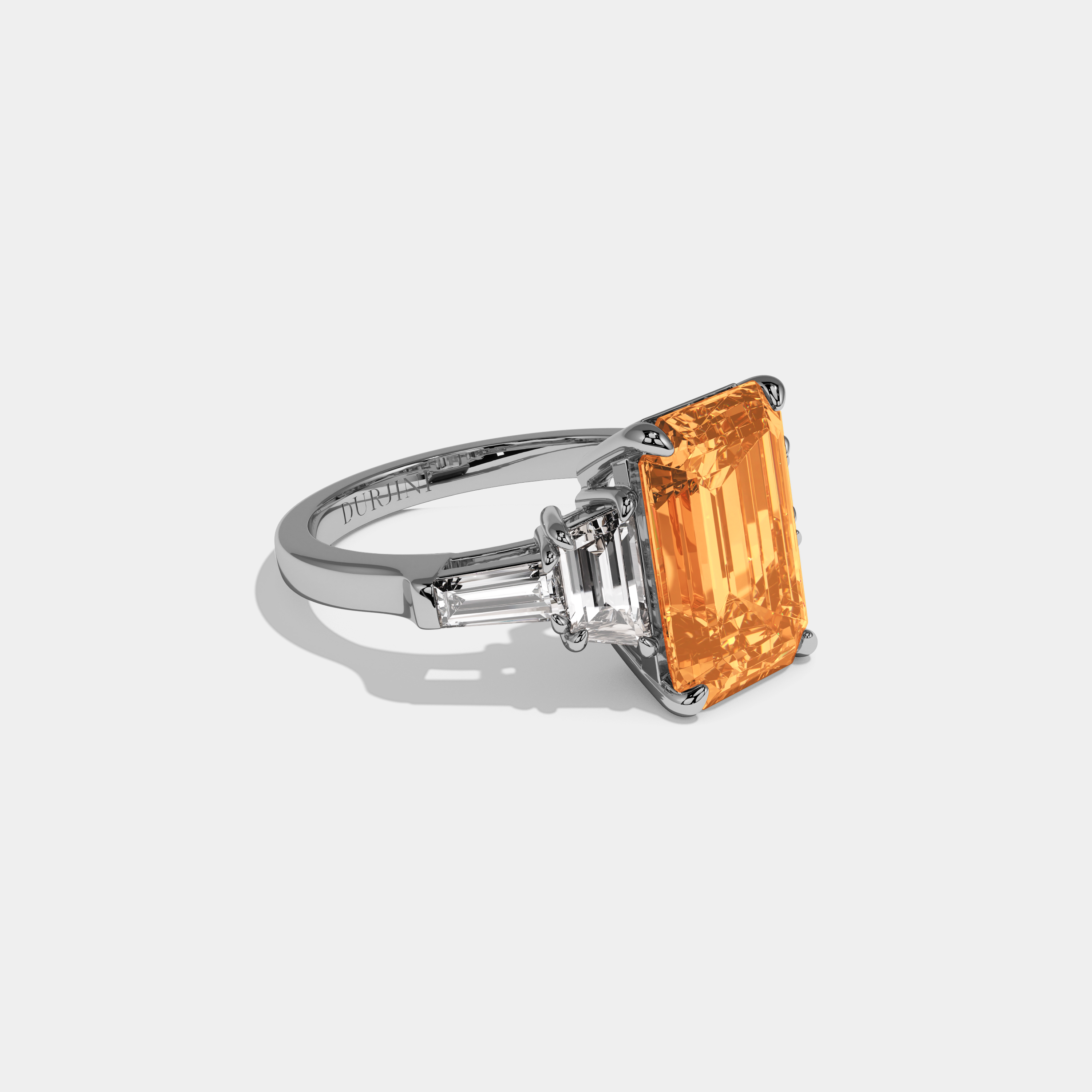 Augusta Fancy Orange Emerald Cut Diamond Plain Band With Step Cut Sides Engagement Ring 8ct 18K White Gold