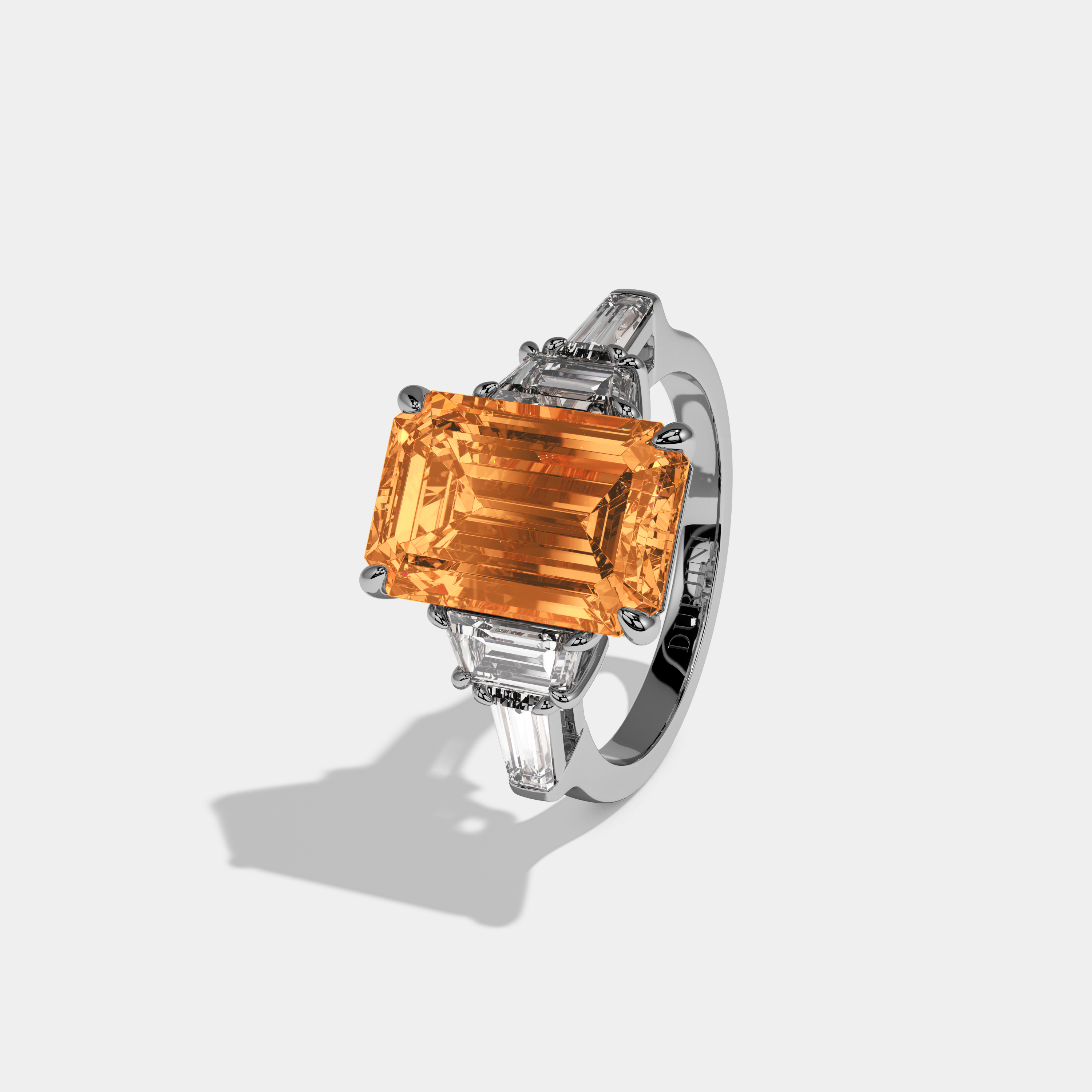 Augusta Fancy Orange Emerald Cut Diamond Plain Band With Step Cut Sides Engagement Ring 8ct 18K White Gold