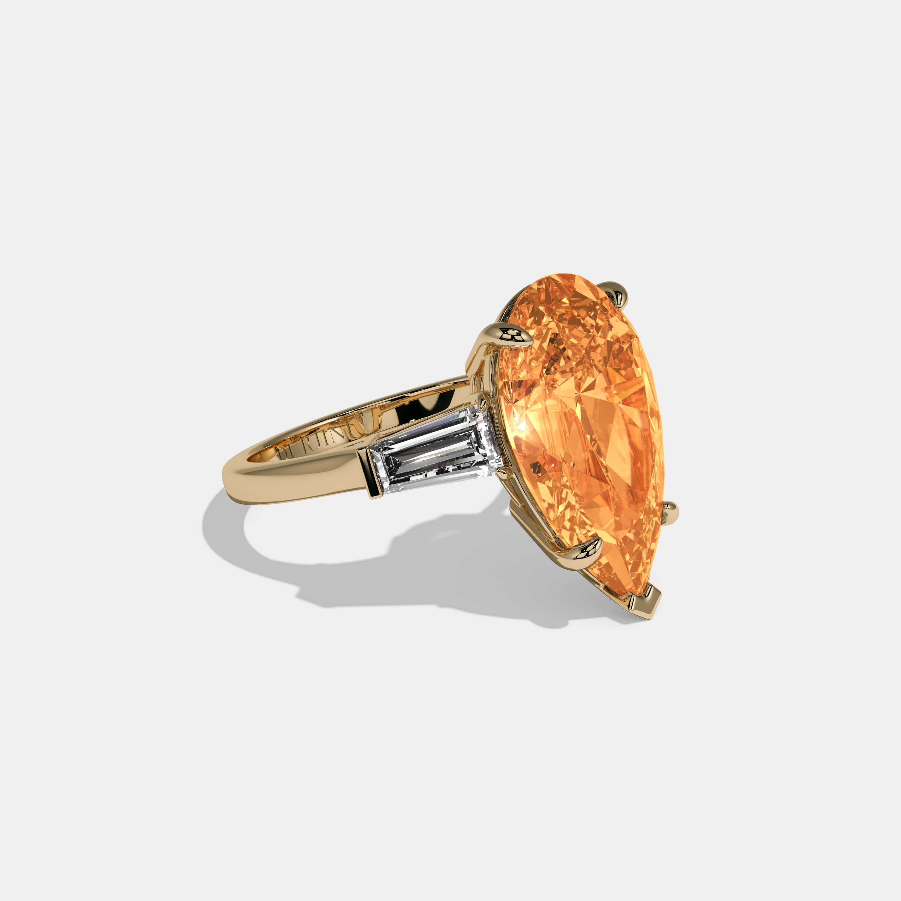 Matilda Fancy Orange Pear Cut Diamond Plain Band With Baguette Cut Sides Engagement Ring 8ct 18k Yellow Gold