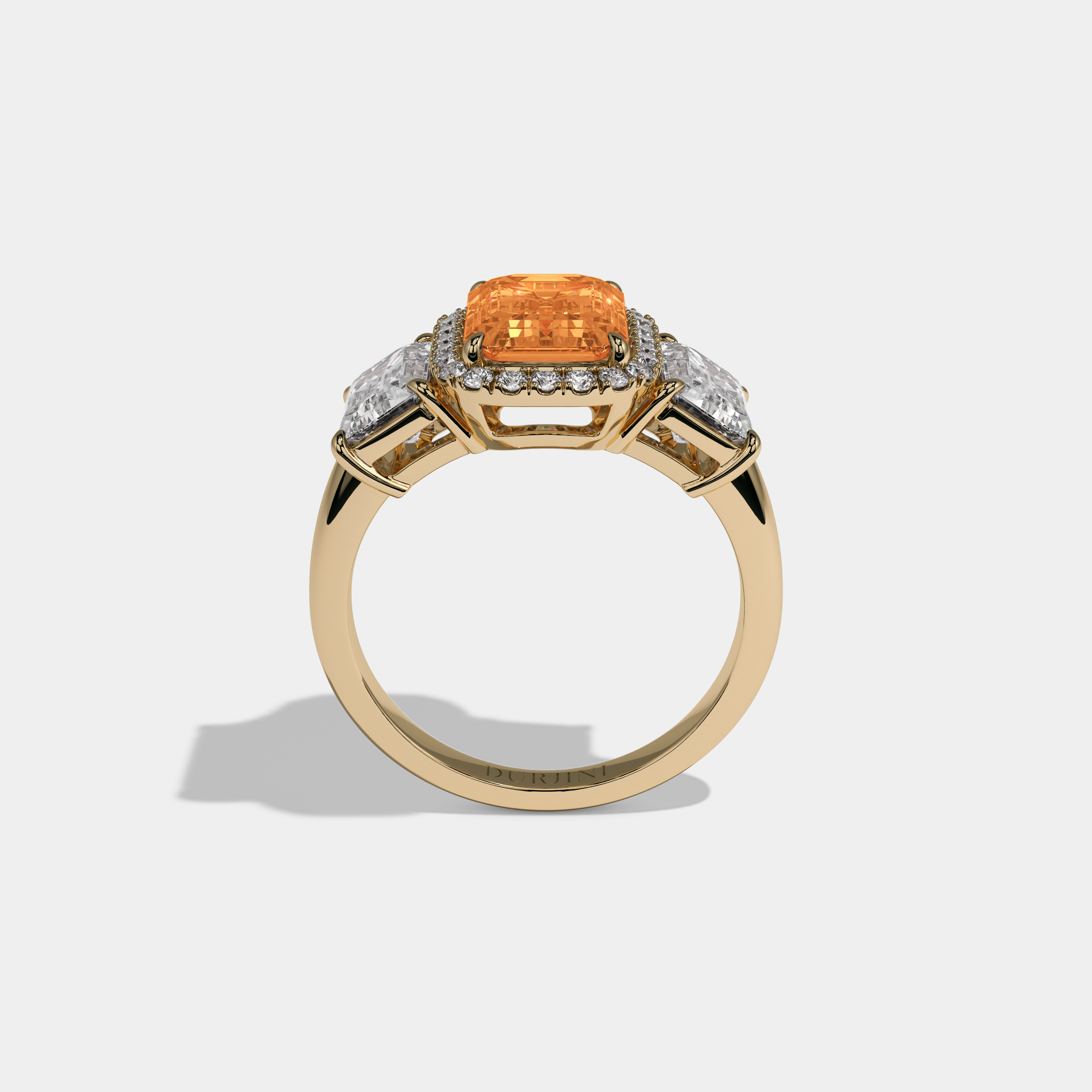 Anne Fancy Orange Emerald Cut Diamond Plain Band With Emerald Cut Sides Engagement Ring 8ct 18K Yellow Gold