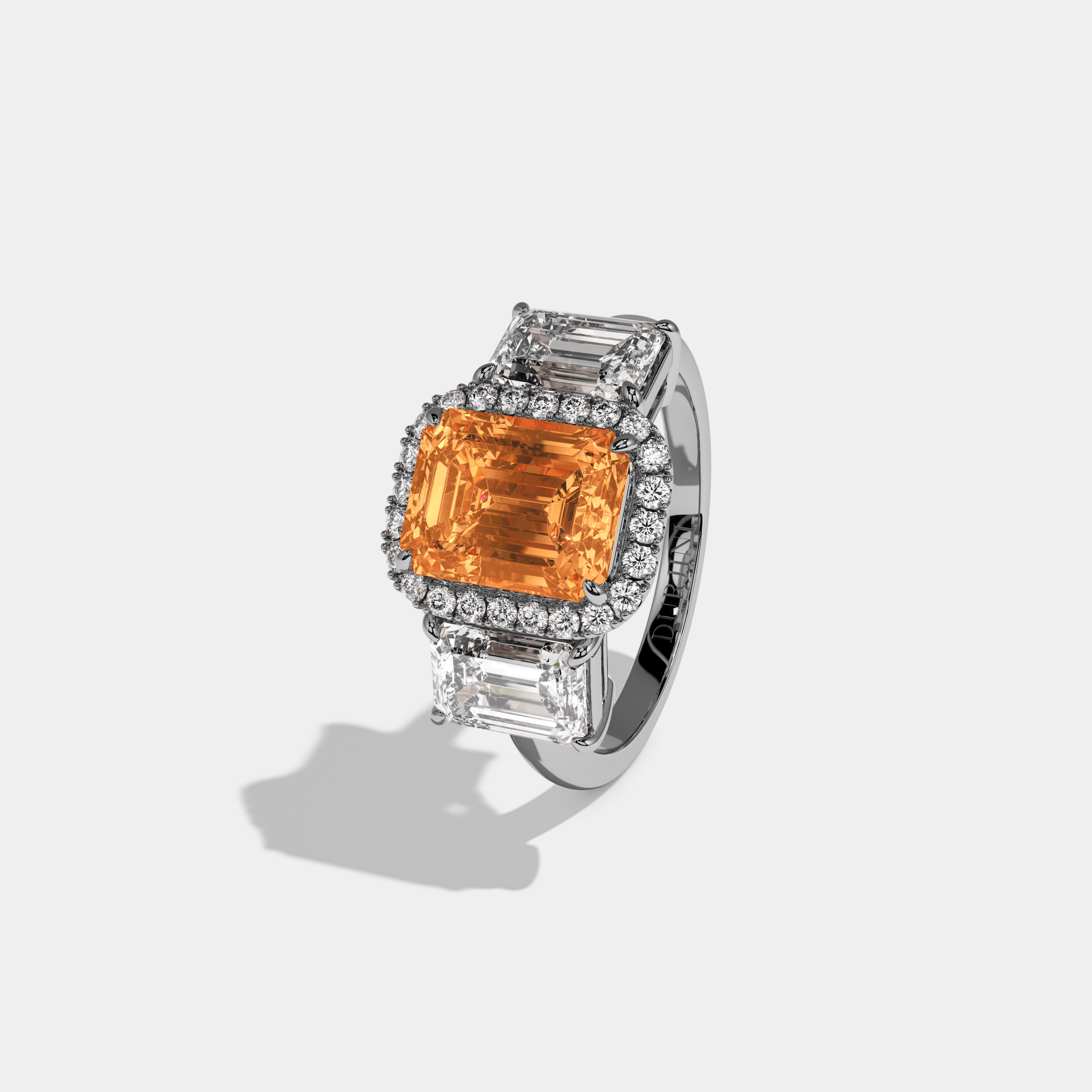 Helena Fancy Orange Emerald Cut Diamond Plain Band With Emerald Cut Sides Engagement Ring 8ct 18K White Gold