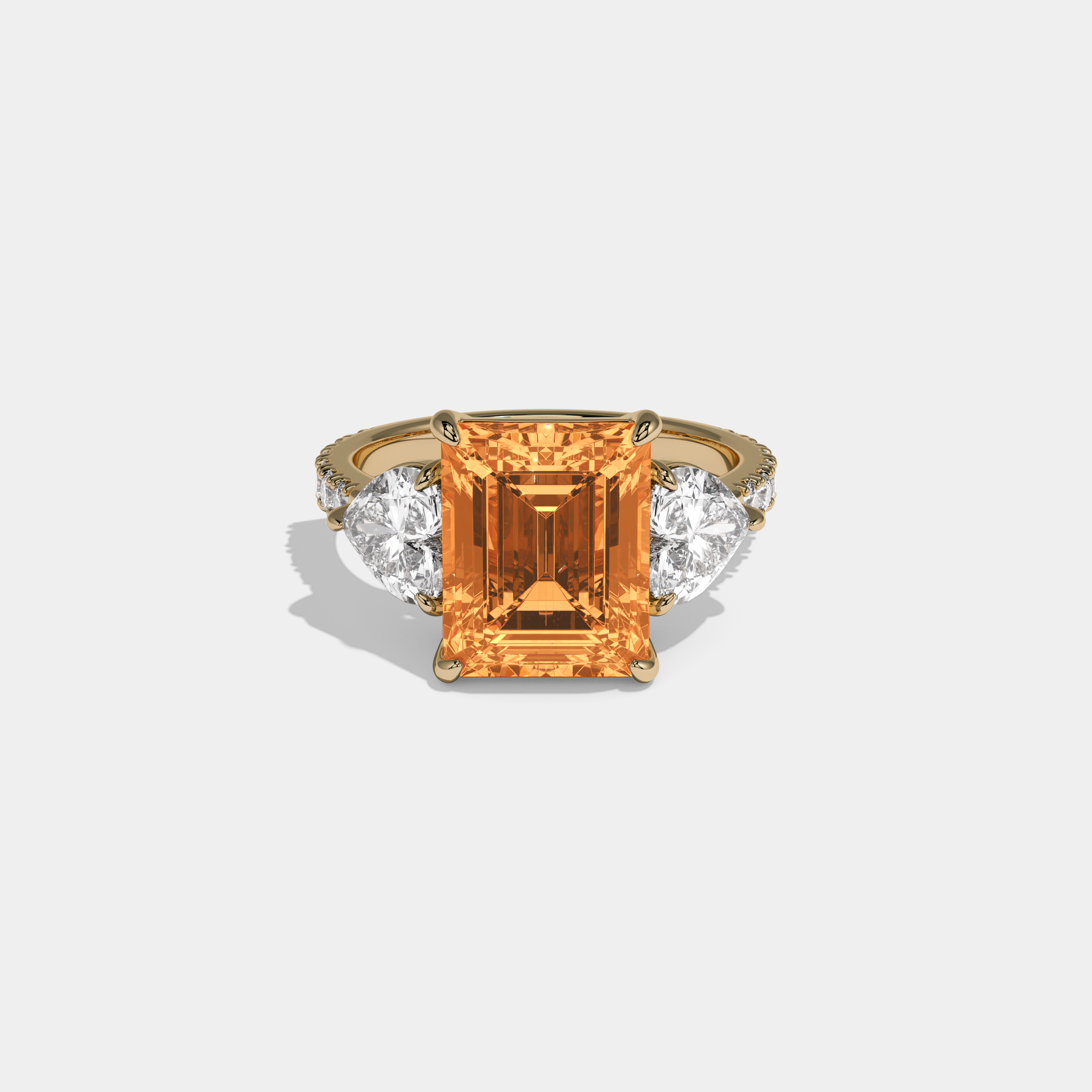 Elizabeth Fancy Orange Emerald Cut Diamond Band With Heart Cut Sides Engagement Ring 8ct 18K Yellow Gold
