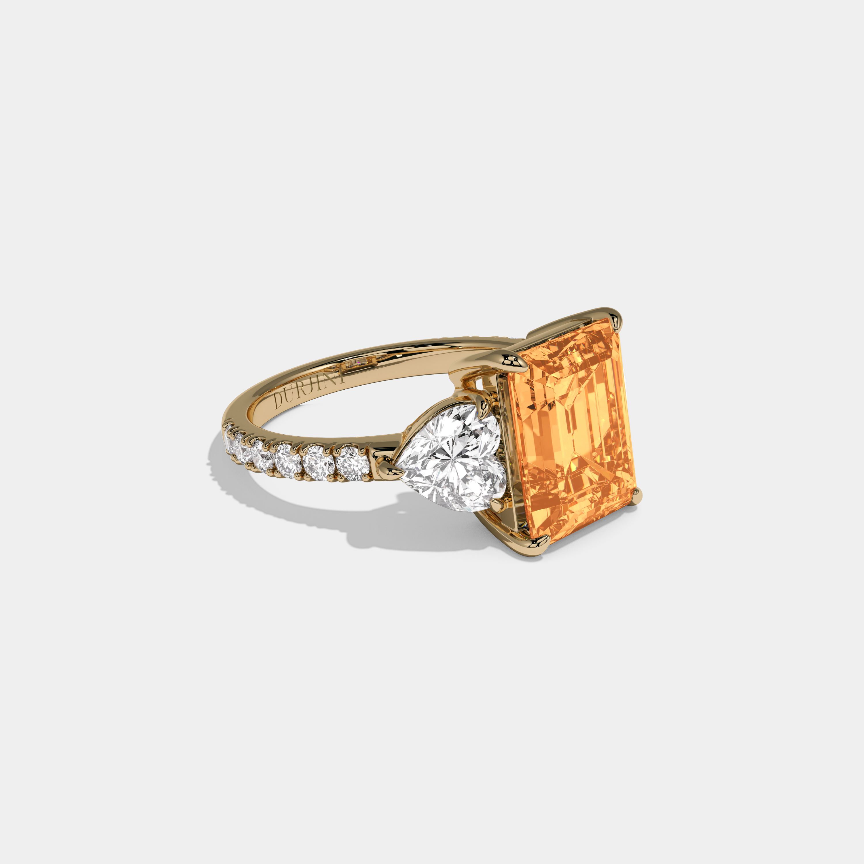 Elizabeth Fancy Orange Emerald Cut Diamond Band With Heart Cut Sides Engagement Ring 8ct 18K Yellow Gold