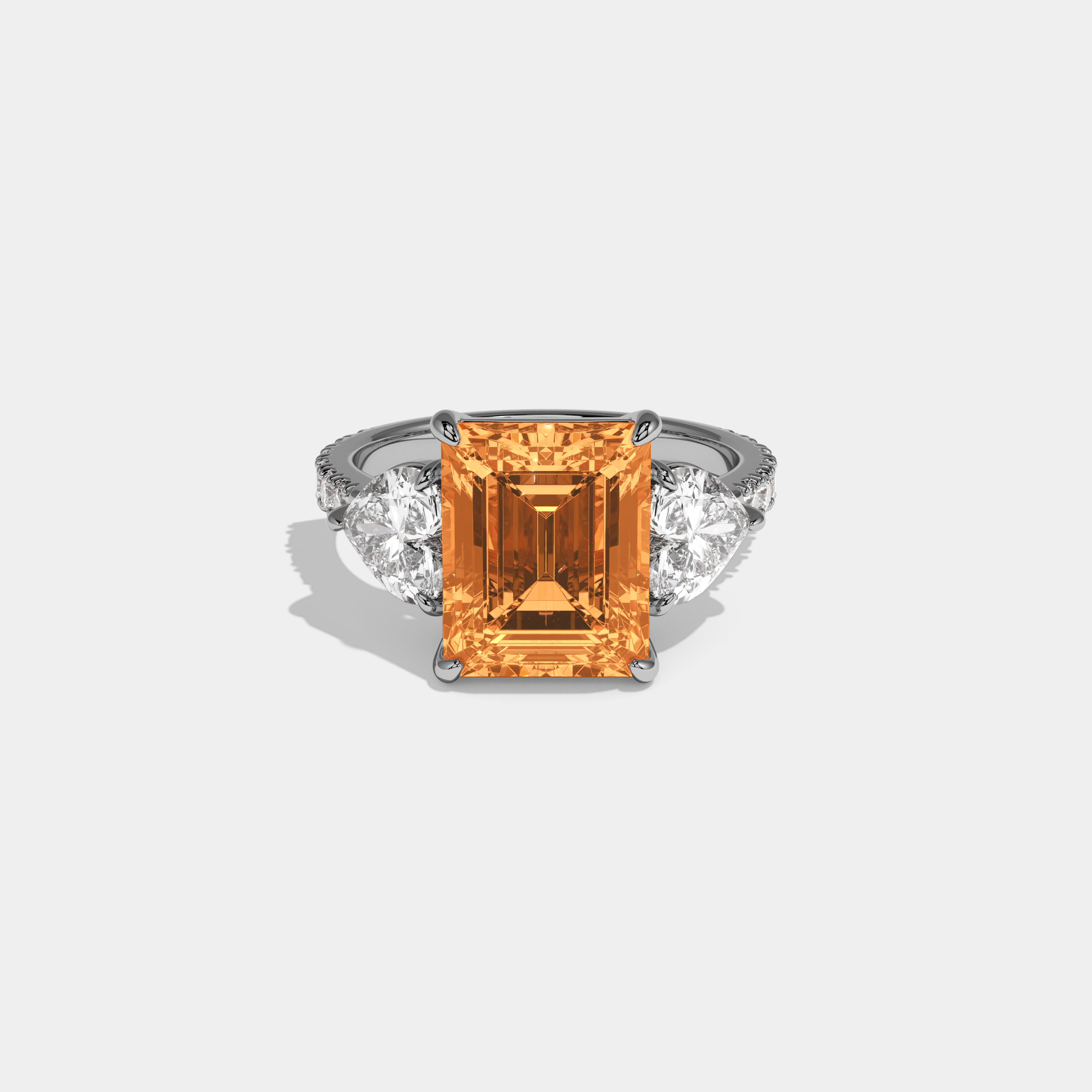 Augusta Fancy Orange Emerald Cut Diamond Band With Heart Cut Sides Engagement Ring 8ct 18K White Gold