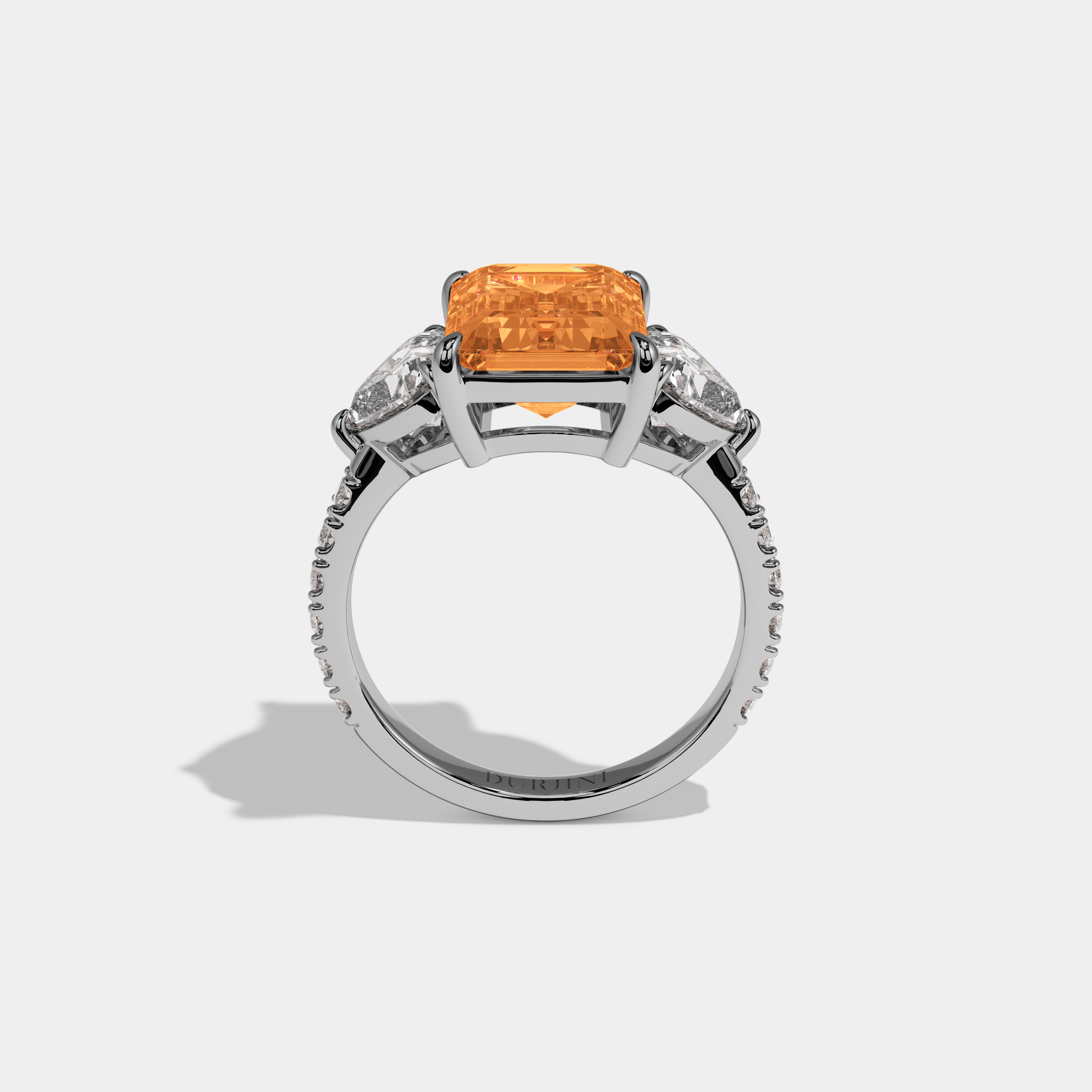Augusta Fancy Orange Emerald Cut Diamond Band With Heart Cut Sides Engagement Ring 8ct 18K White Gold