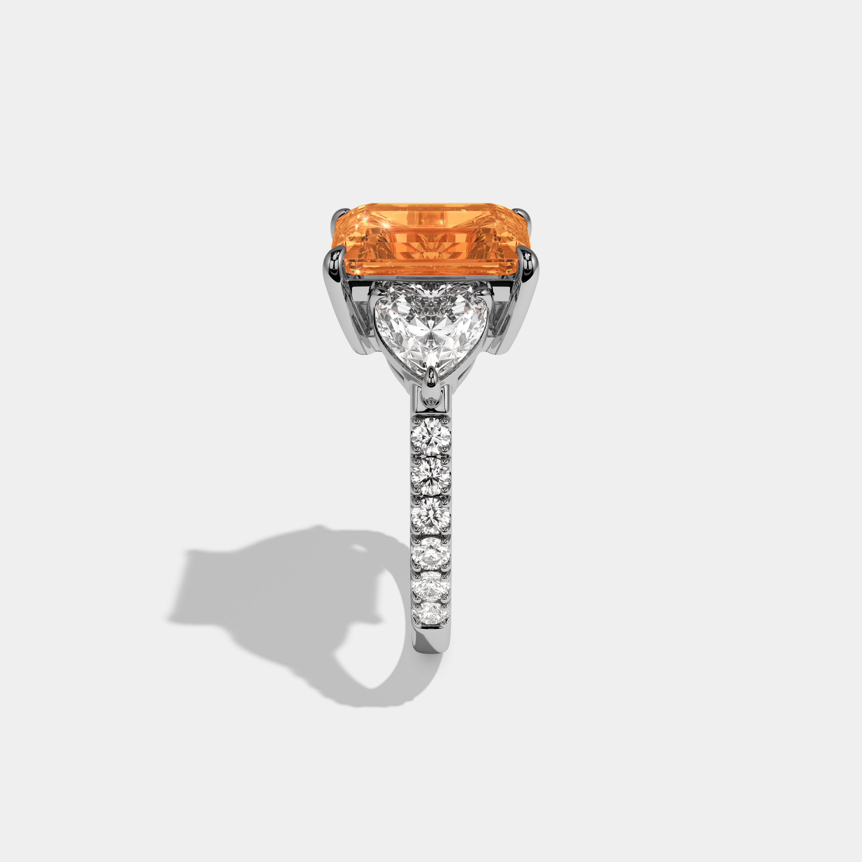Augusta Fancy Orange Emerald Cut Diamond Band With Heart Cut Sides Engagement Ring 8ct 18K White Gold