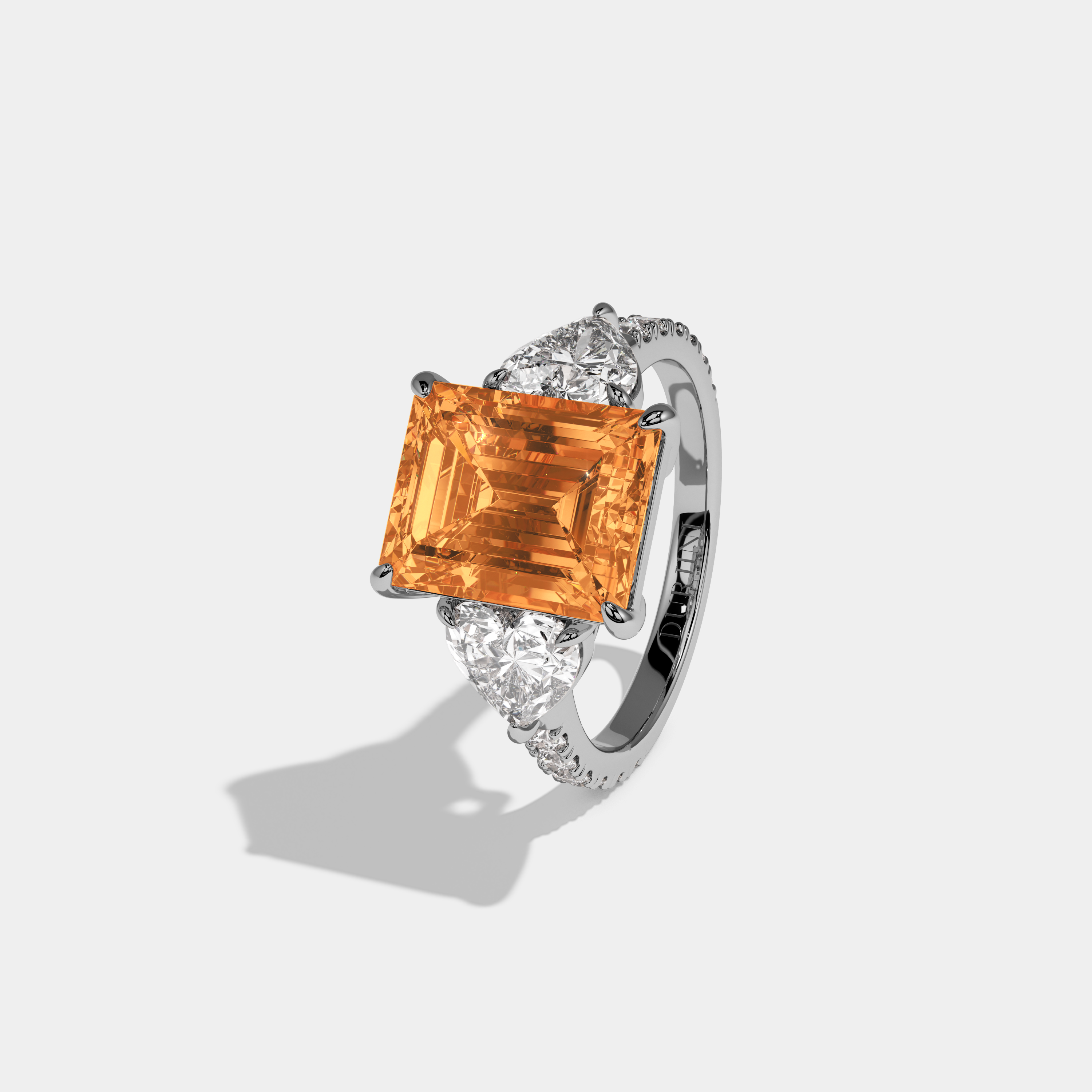 Augusta Fancy Orange Emerald Cut Diamond Band With Heart Cut Sides Engagement Ring 8ct 18K White Gold