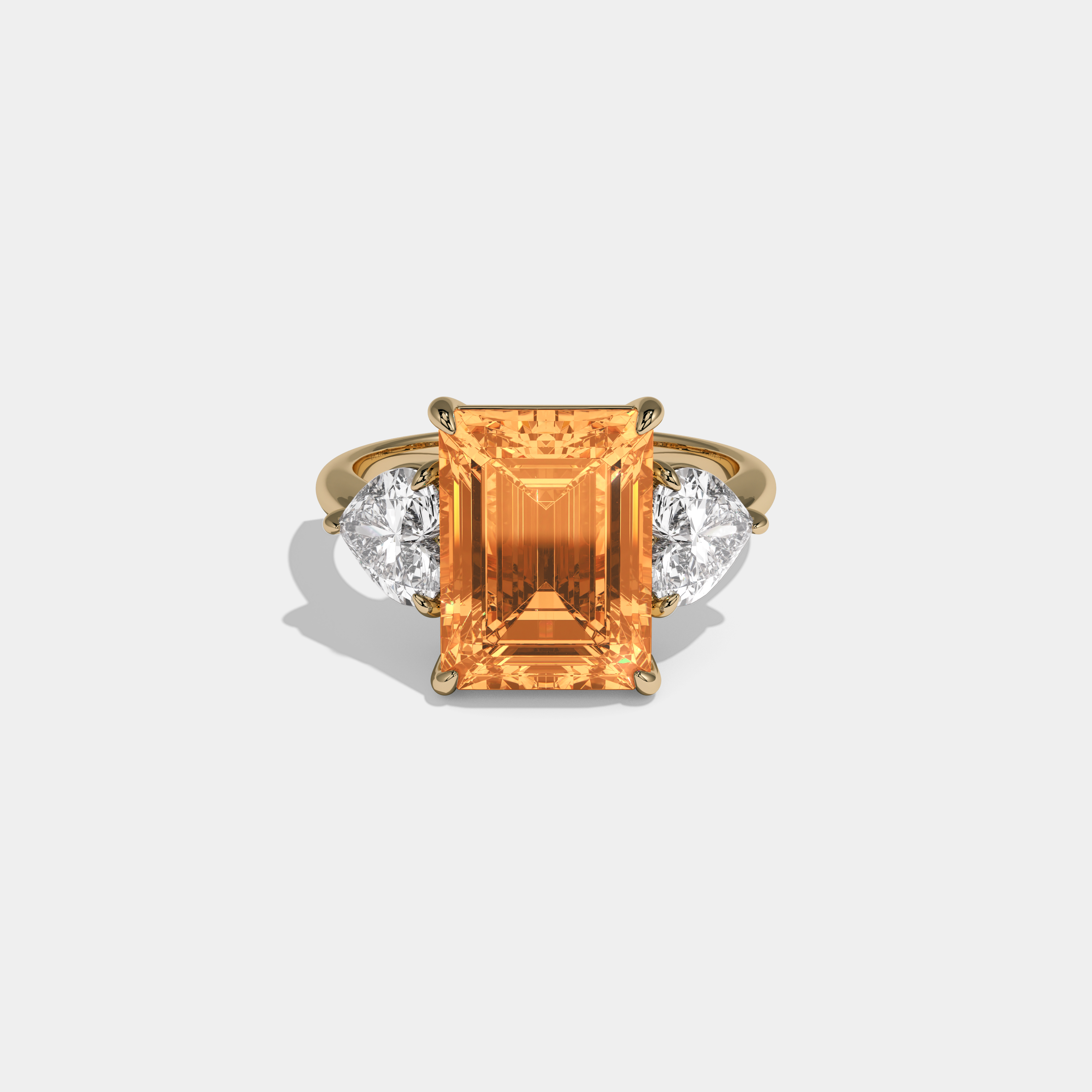 Elizabeth Fancy Orange Emerald Cut Diamond Plain Band With Heart Cut Sides Engagement Ring 8ct 18K Yellow Gold