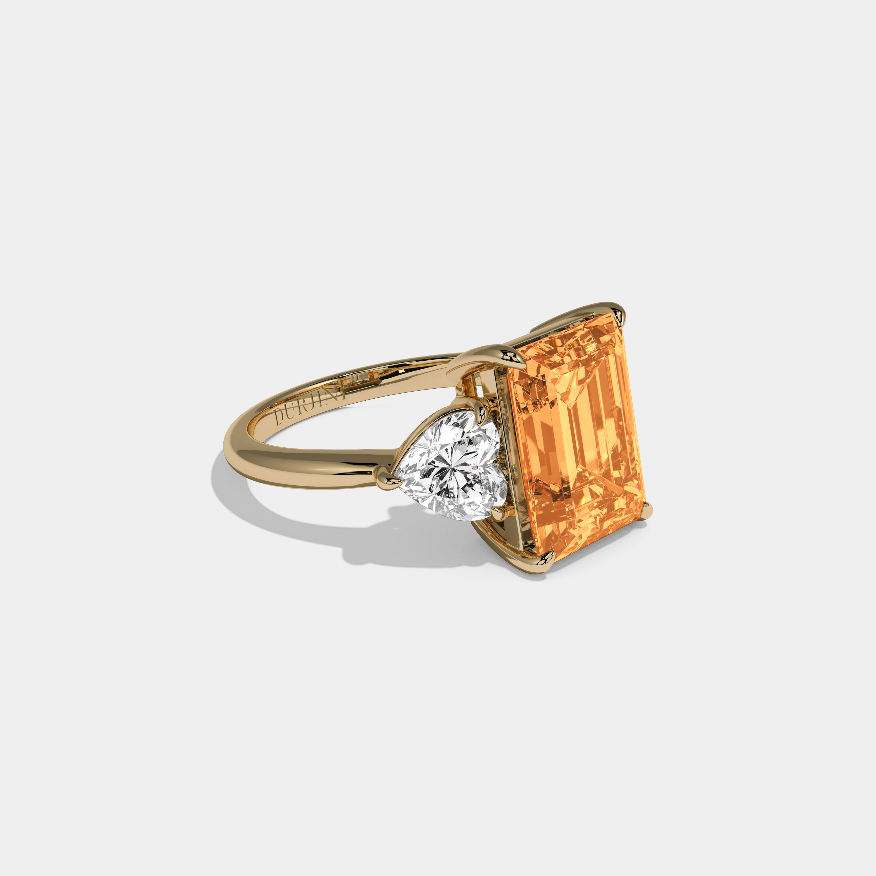 Elizabeth Fancy Orange Emerald Cut Diamond Plain Band With Heart Cut Sides Engagement Ring 8ct 18K Yellow Gold