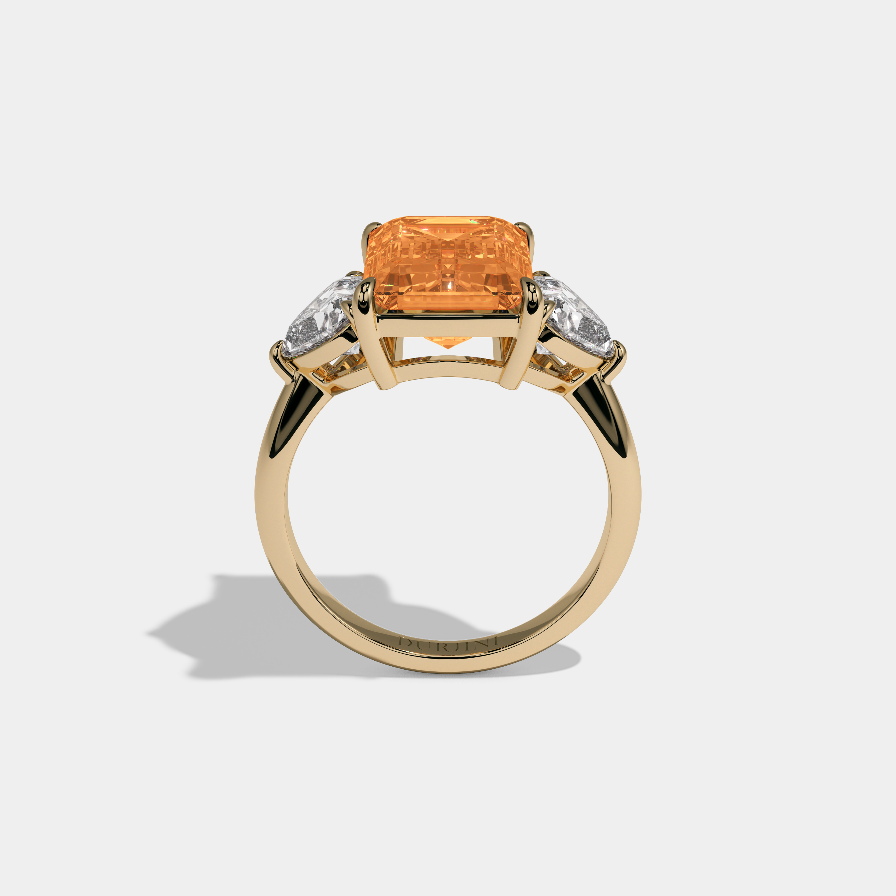 Elizabeth Fancy Orange Emerald Cut Diamond Plain Band With Heart Cut Sides Engagement Ring 8ct 18K Yellow Gold