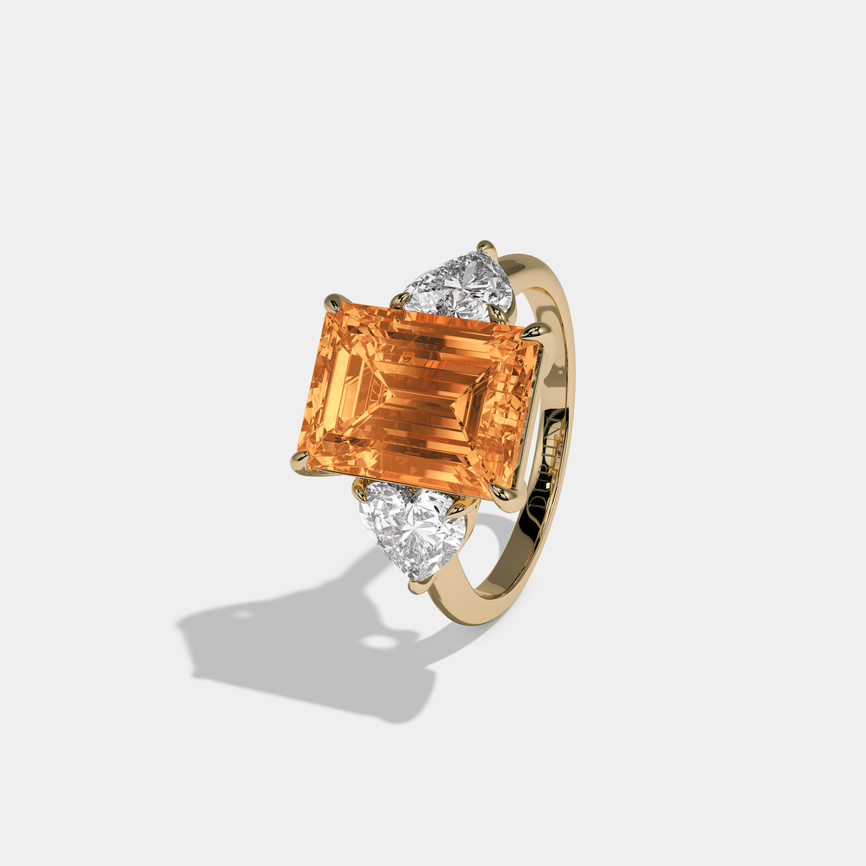 Elizabeth Fancy Orange Emerald Cut Diamond Plain Band With Heart Cut Sides Engagement Ring 8ct 18K Yellow Gold