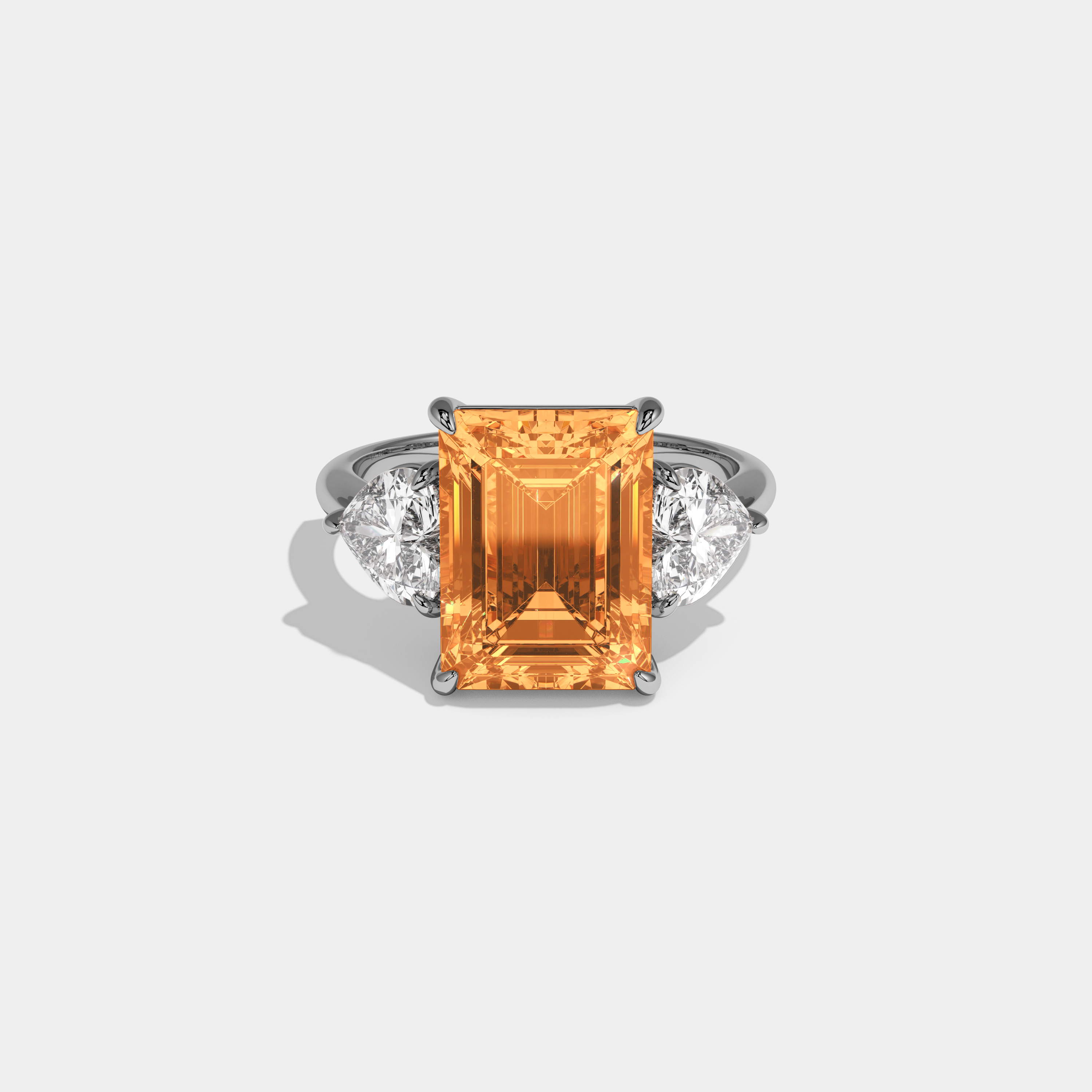 Augusta Fancy Orange Emerald Cut Diamond Plain Band With Heart Cut Sides Engagement Ring 8ct 18K White Gold